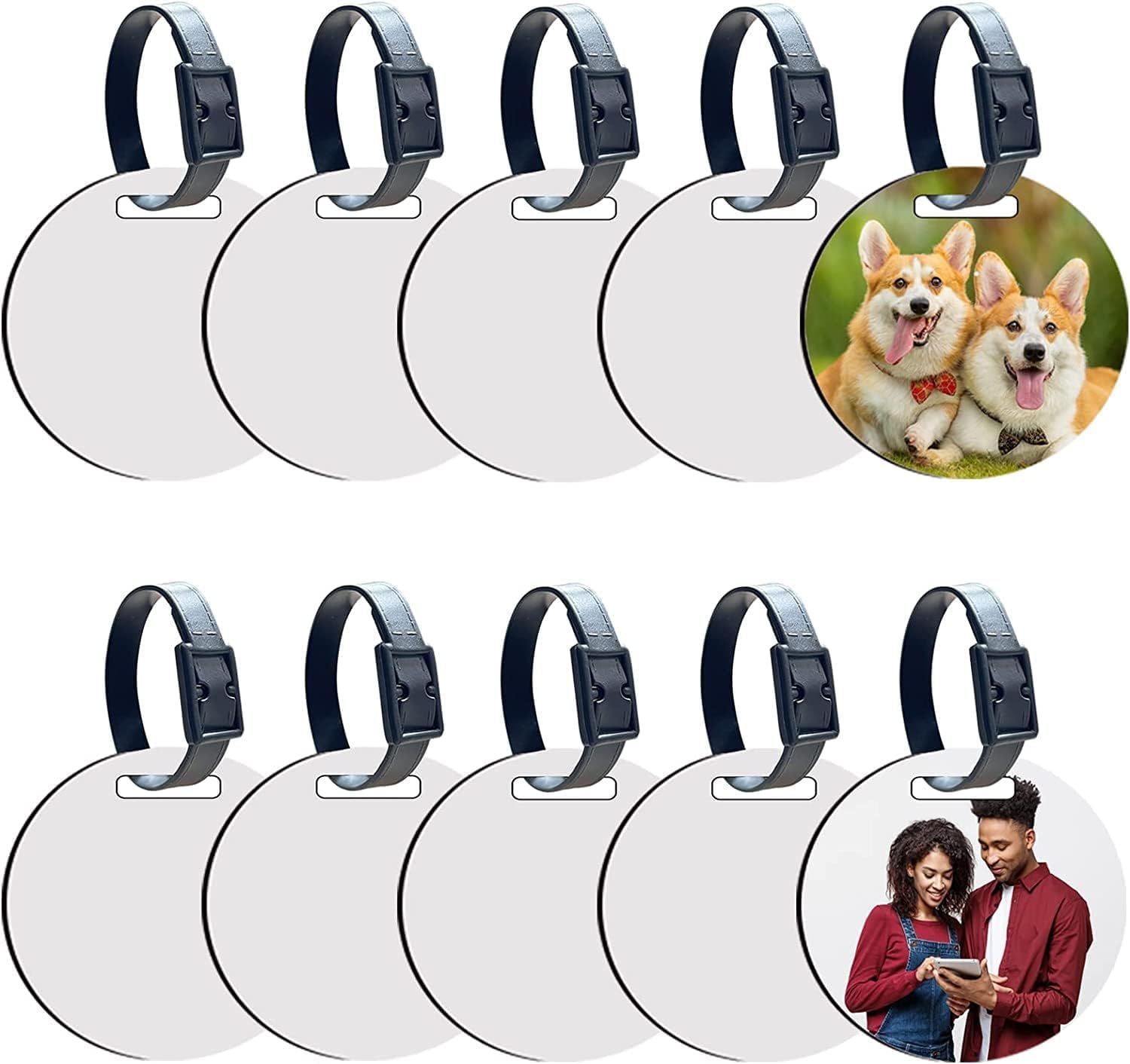 SYOSI Sublimation Luggage Tags, 10Pcs Blanks with Strap, 4" White Blank Backpack Travel Bag Baggage Tags Double Sided MDF Round Name ID Card Label Tag Perfect to Quickly Spot Luggage Suitcase