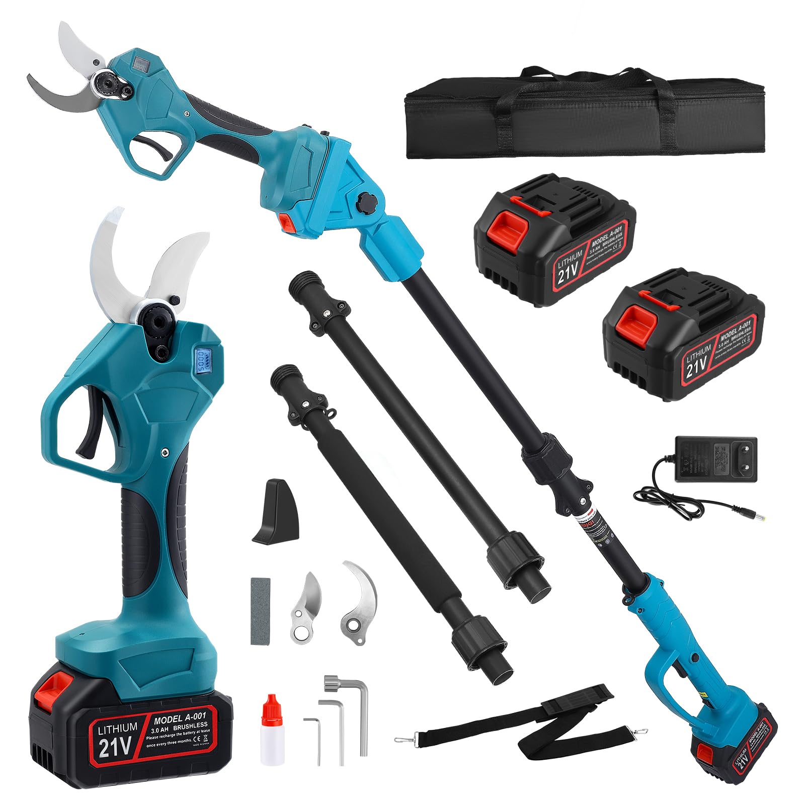 Sécateur électrique 2 en 1 avec écran LCD avec batterie 21 V, 2 x 3,0 Ah et barre d'extension de 2,3 m, diamètre de coupe 40 cm