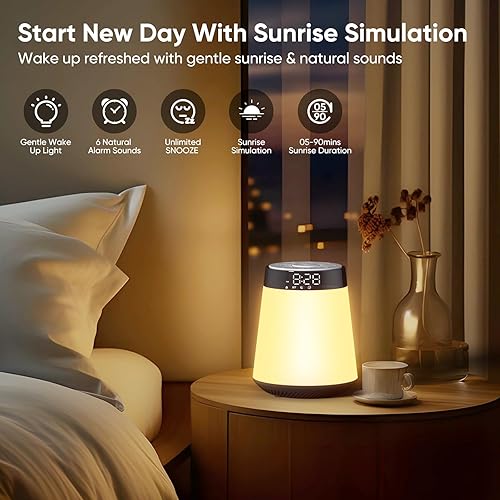 Miniatura 2 de Reloj despertador Sunrise con luz de despertador y máquina de ruido blanco, 21 sonidos relajantes, 12 luces nocturnas regulables de color, altavoz