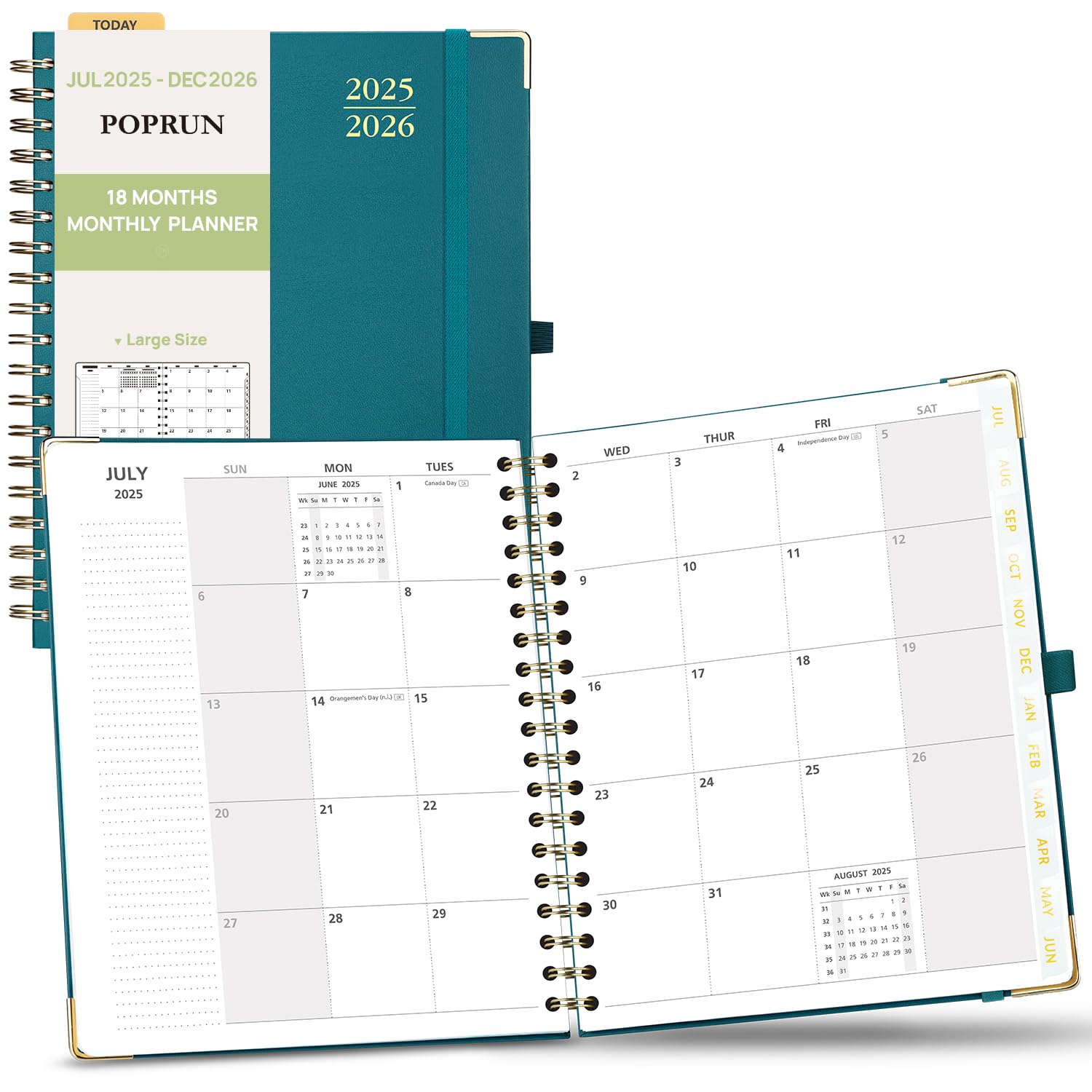 POPRUN Monthly Planner 2025-2026 Spiral Hardcover (8'' x 10''), 18 Months Calendar (Jul.2025 - Dec.2026) - 2 Pages per Month with Dotted Note Pages, Sunday Start, Laminated Tab - Pacific Green