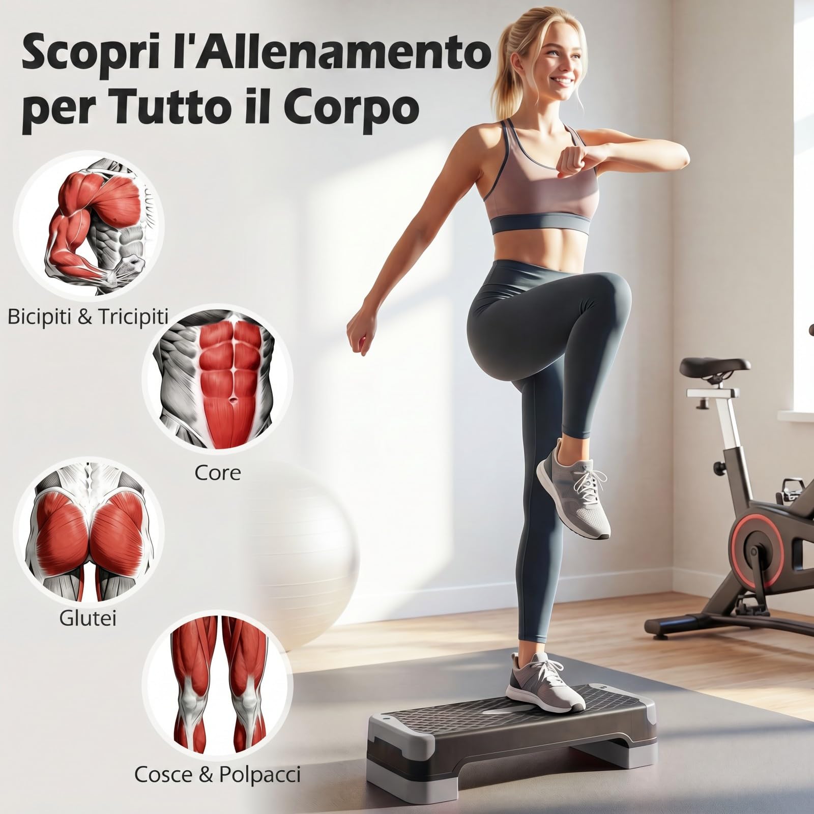 COSTWAY Step Fitness Antiscivolo e Regolabile in 4 Altezze | Stepper Fitness Casa e Palestra con Bande Resistenza, Rialzati e Allenatori Equilibrio, Esercizio Gambe, Glutei e Braccia