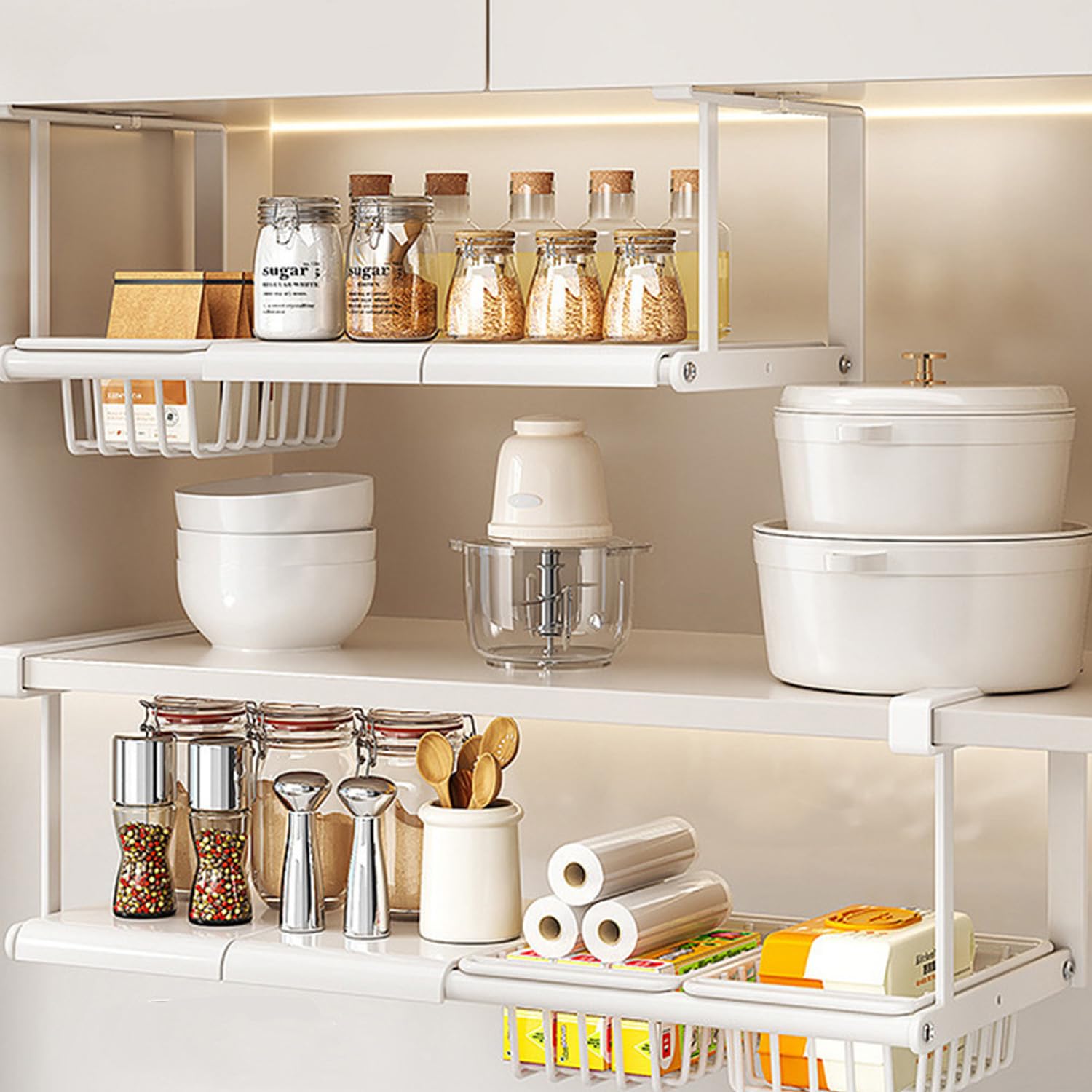 Cesta de almacenamiento para colgar debajo del estante, organizador deslizante ajustable para lavandería, cocina, despensa, escritorio, estantería
