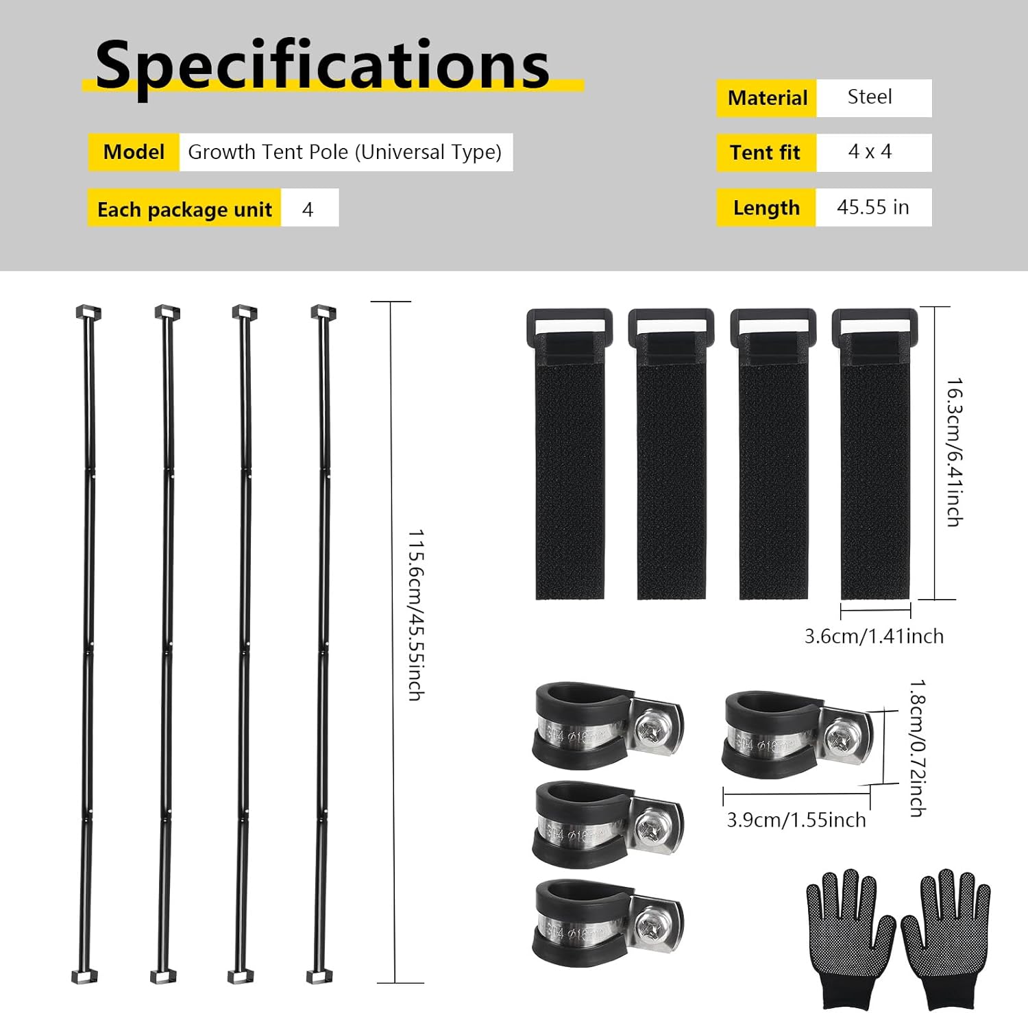 Heavy-Duty Grow Tent Mounting Bars, Durable Side Support Pole with Non-Slip Hook and Loop Straps for Indoor Grow Tents to Prevent Wall Suction (4 * 4’)