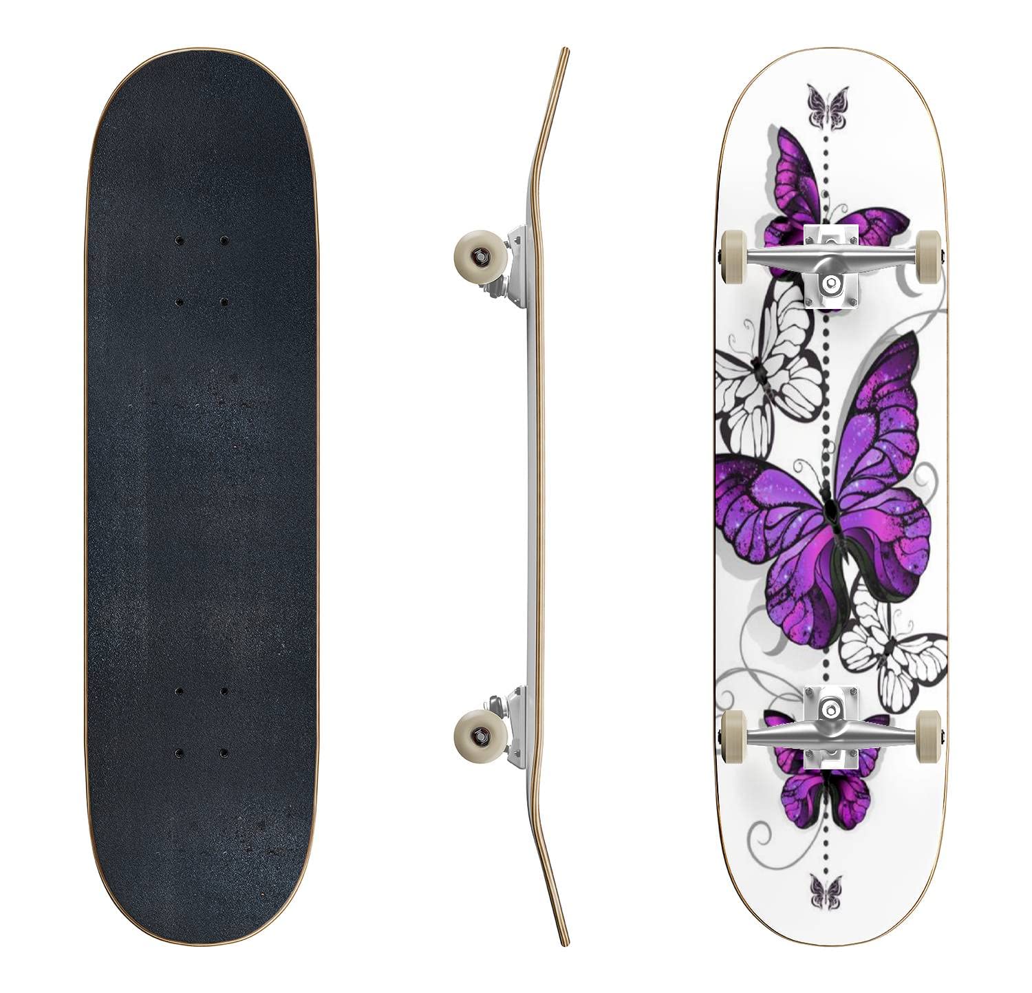 Skateboards Composition of Purple Pink Butterflies Morpho and White Butterflies Classic Concave Skateboard Cool Stuff Teen Gifts Longboard Extreme Sports for Beginners and Professionals