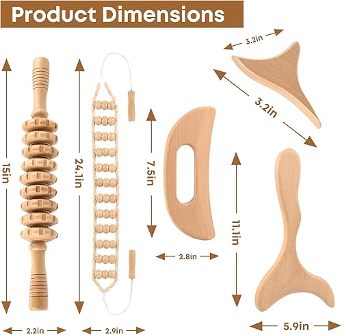 Miniatura 6 de Herramientas de masaje de terapia de madera 5 en 1, masajeador de drenaje linfático para aliviar el dolor muscular, rodillo de masaje de madera para