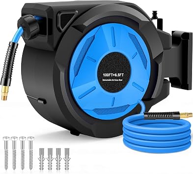 Retractable Air Hose Reel 100FT + 6.5FT, Heavy Duty 3/8" x 100FT Hybrid Air Compressor Hose Reel, Automatic Rewind, 300 PSI Wall Mount Hose Reel with Brass Fittings for Garage Workshop
