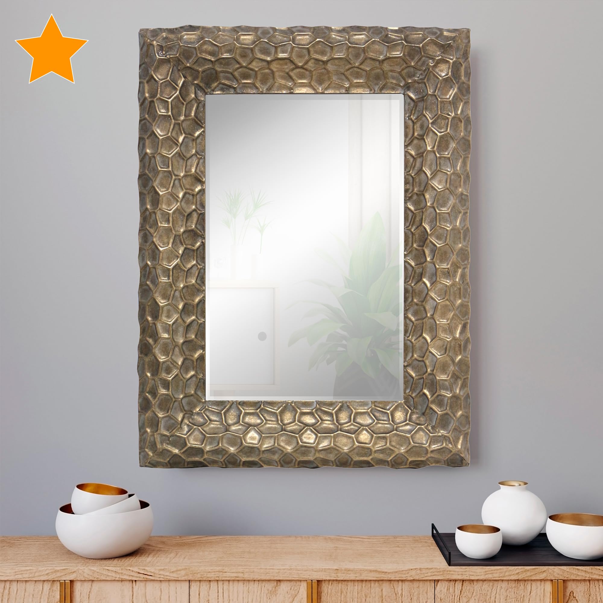 Espejo Rectangular de Metal Oro Patinado Filipinas, 60x80 cm Exterior | Luna Biselada, Para Salón, Baño y Entradita.