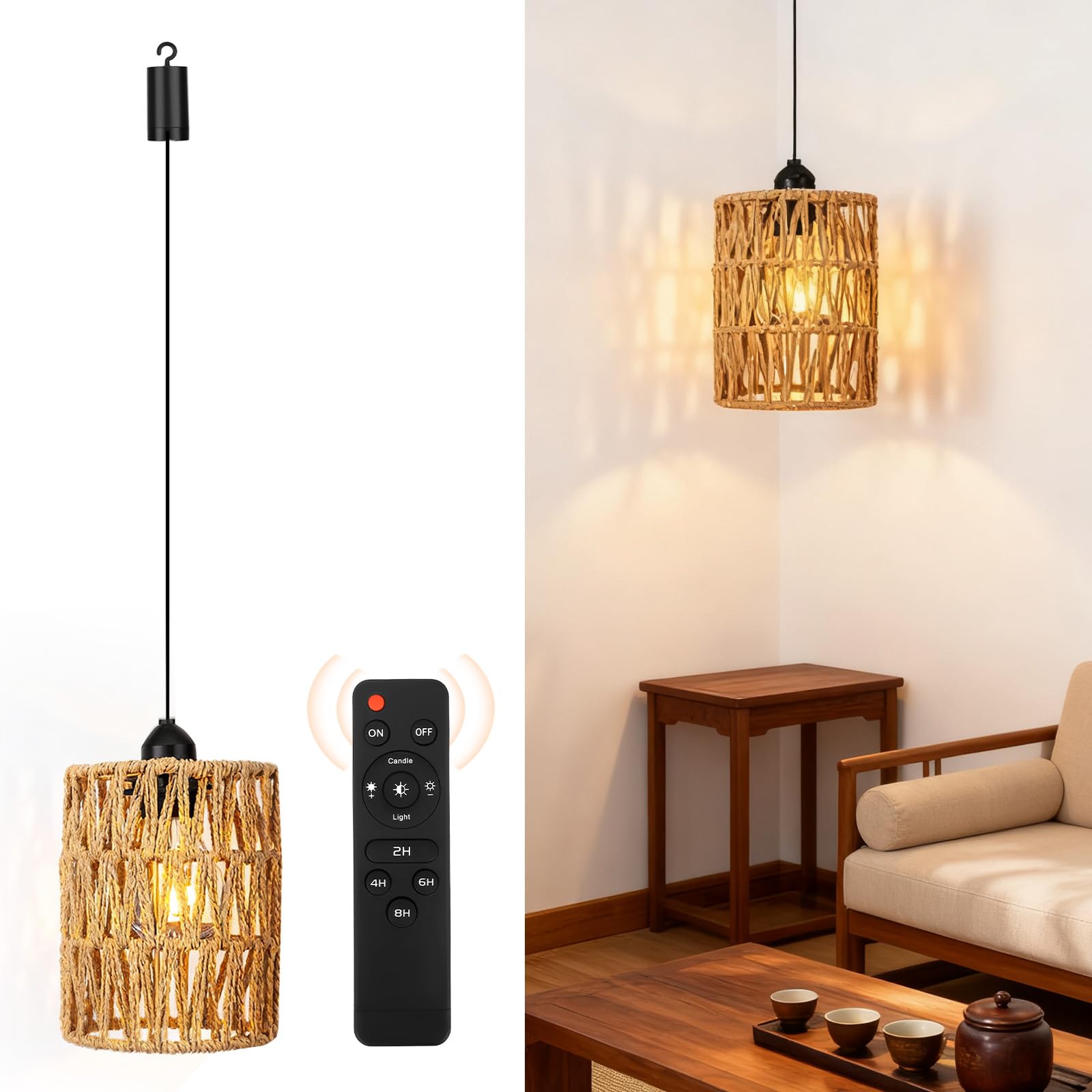 3 lámparas colgantes Boho con batería, E27 portátil para exteriores con mando a distancia, IP65, resistente al agua, regulable, sin conexión de alimentación, para patio, bar, jardín, terraza