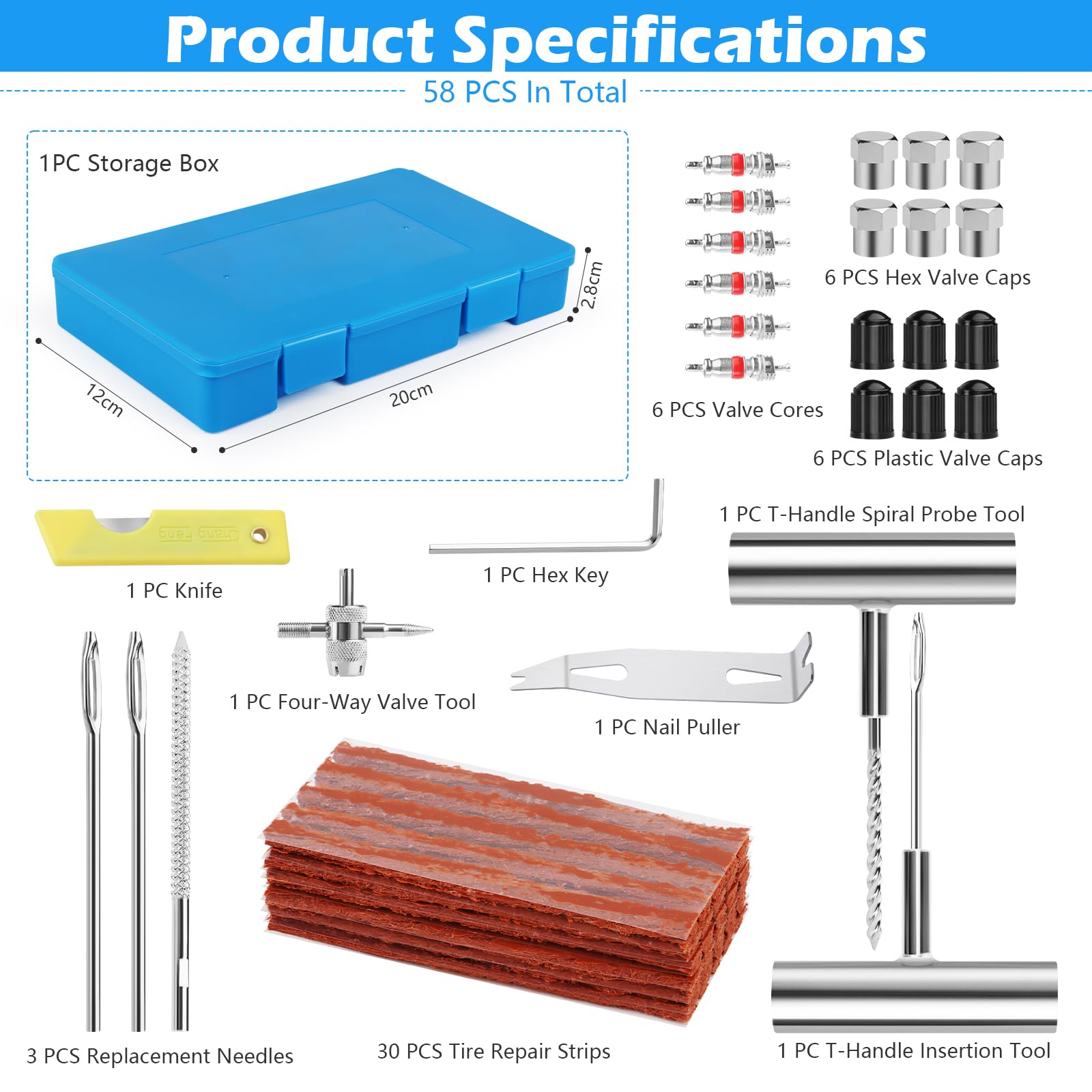 VMUTGA 58 Pezzi Kit Riparazione Pneumatici Auto, Strumenti di Riparazione di Pneumatici Kit Foratura Auto Portatile Kit Ripara Pneumatici Gomme Moto per Auto, Moto, Camion, ATV, Trattore, Camper