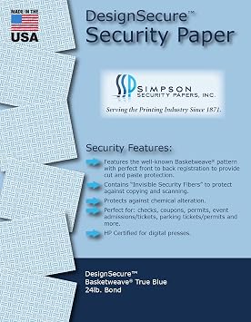 11 x 17 Simpson Security Papers DesignSecure Basketweave True Blue 24# Security Paper, 500 Sheets