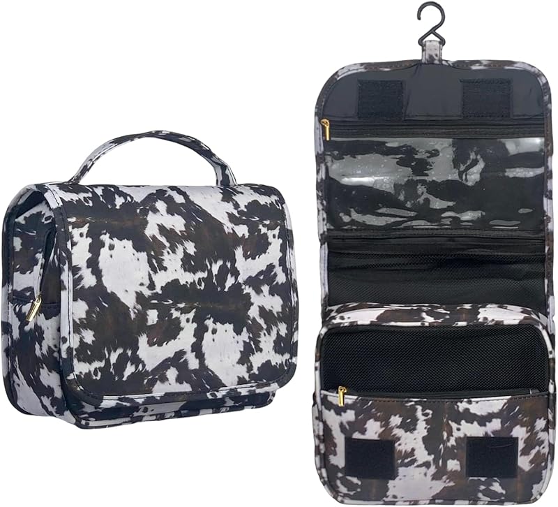 Necessaire suspensa de viagem Crazy Bison em poliéster, estampa Animal Print Balck Cowhide, modelo FBA06