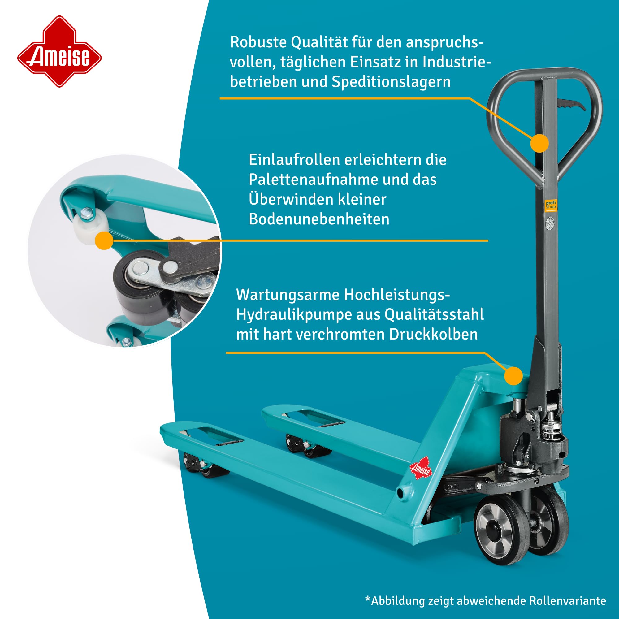 Ameise Hubwagen PTM mit Schnellhub bis 120 kg | 2.000 kg Tragkraft | 1.150 mm Gabellänge | Lenkrad/Gabelrolle aus verschleißarmen Nylon | Tandem-Gabelrollen | Palettenhubwagen
