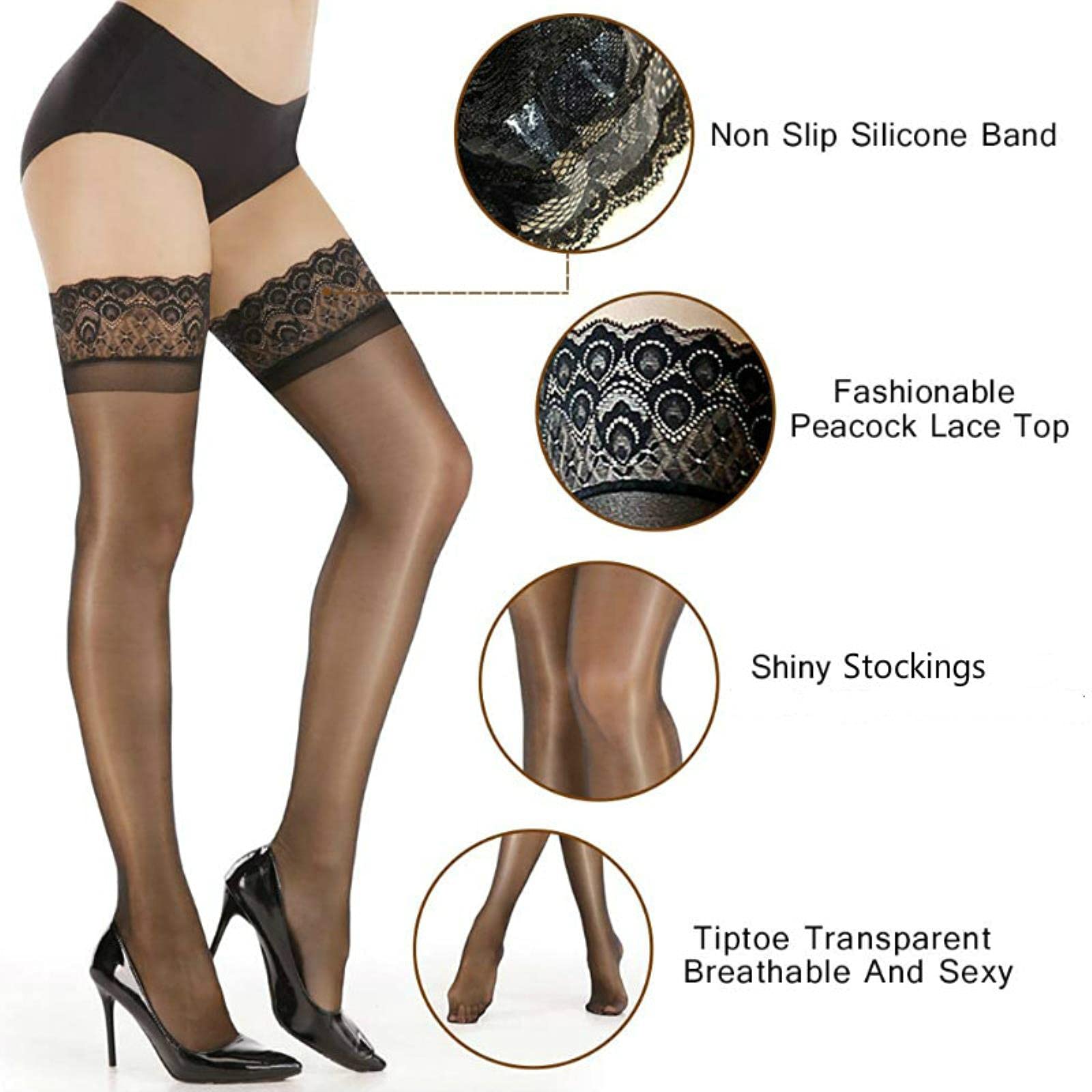 Medias de Silicona Antideslizantes para Mujer, Parte Superior de Encaje de Pavo Real de Moda, Medias Brillantes, puntillas, Transparentes, Transpirables y sexys (Gris A)