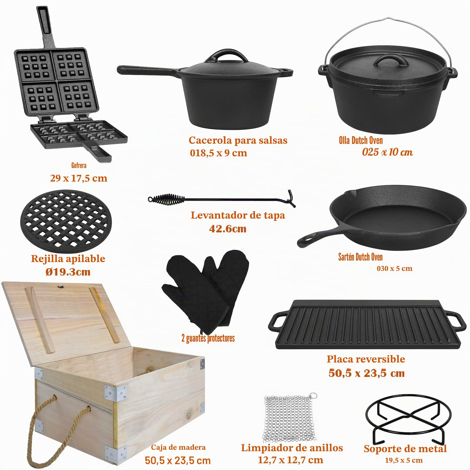 UISEBRT Dutch Oven Set 12 piezas en caja de madera, con Horno Holandés, muchos accesorios de hierro fundido, incluye cacerola, sartén y manoplas, para Camping Cocina Casera Barbacoa