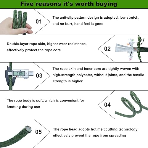Miniatura 3 de CRAYZA Cuerda de aparejo de arborista de doble trenzada (12 pulgada x 50 pies), cuerda de poliéster fuerte, 48 hebras para trabajo de árboles,