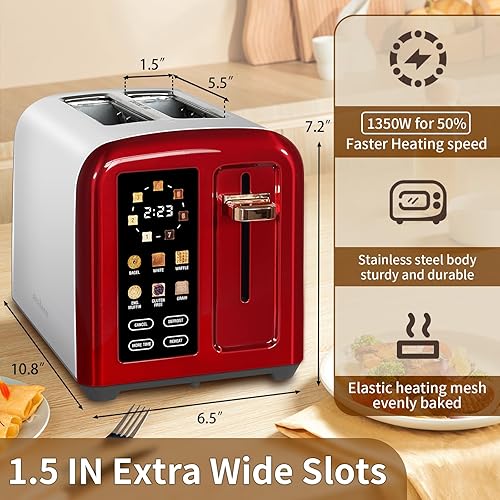Miniatura 2 de SEEDEEM Tostadora de 2 rebanadas, tostadora de acero inoxidable con control táctil completo, pantalla LCD, velocidad de calentamiento 50% más