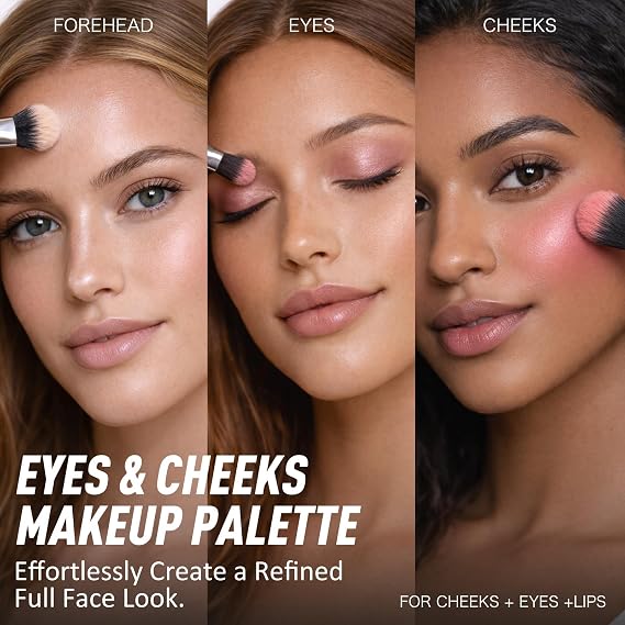 Eyes & Cheeks Makeup Palette - 4-in-1 Eyeshadow, Blush, Highlighter & Bronzer with Smooth Velvet Texture that Blends Easy, Travel-Friendly Full Face Makeup Kit, Perfect Palette Gift for Women