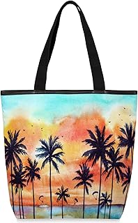 Sacolas de lona com zíper e bolso interno, bolsa de ombro feminina casual bolsa de mão aquarela palmeiras, bolsas de compras reutilizáveis de cozinha, bolsas de lona para uso para livros, sacolas de compras, sacolas de presente, Multicor