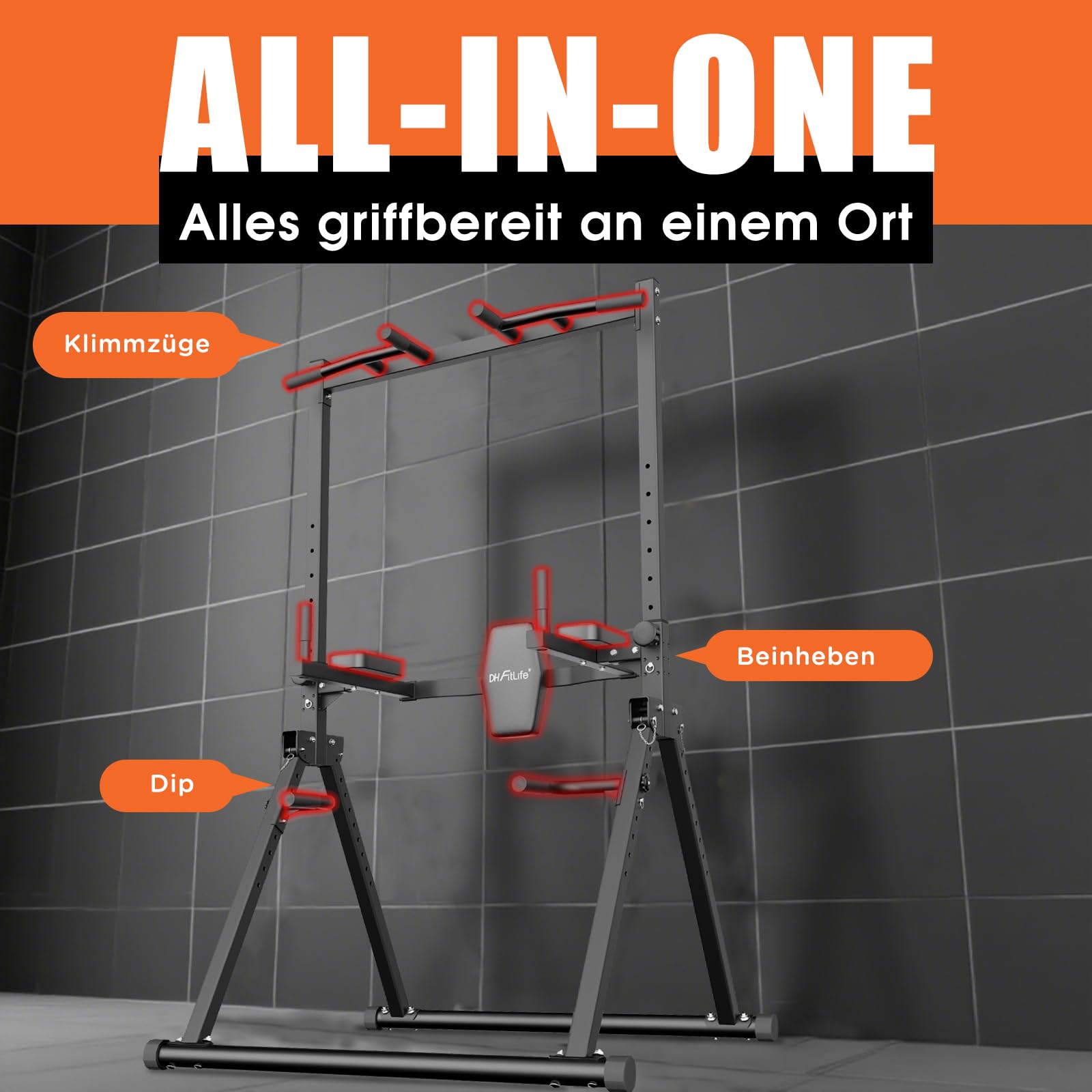 DH FitLife Faltbar Power Tower Dip Station | Klimmzugstange Freistehend mit Dip Barren u. Hantelablagen/Rückenlehne | Kraftstation Kraftturm | Fitness Station | Power Rack for Home Gym