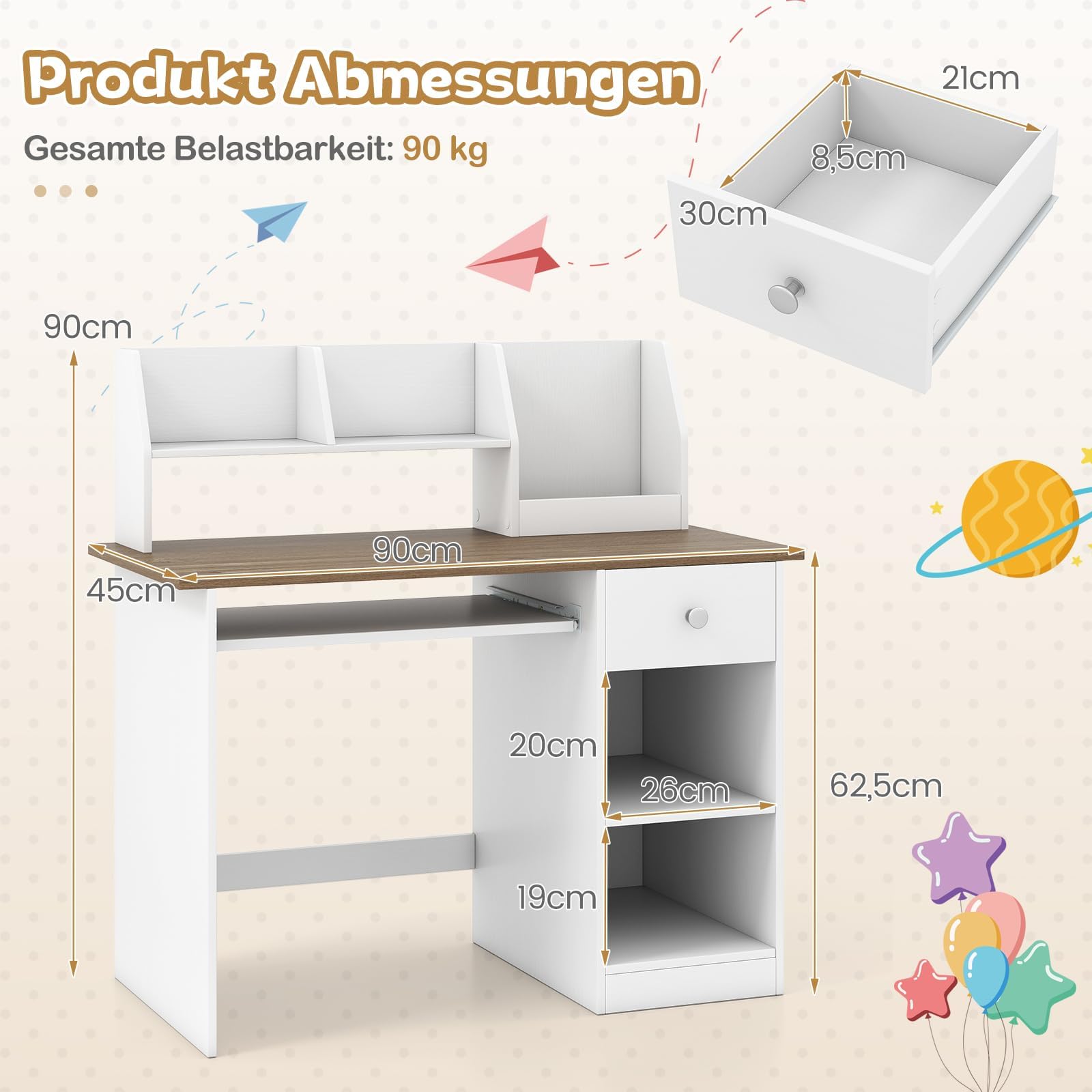 COSTWAY Kinderschreibtisch aus Holz, Kinder Schreibtisch mit Schublade, Tastaturablage & Bücherregal, Schülerschreibtisch für Kinder ab 3 Jahren, 90 x 45 x 90 cm (Natur)