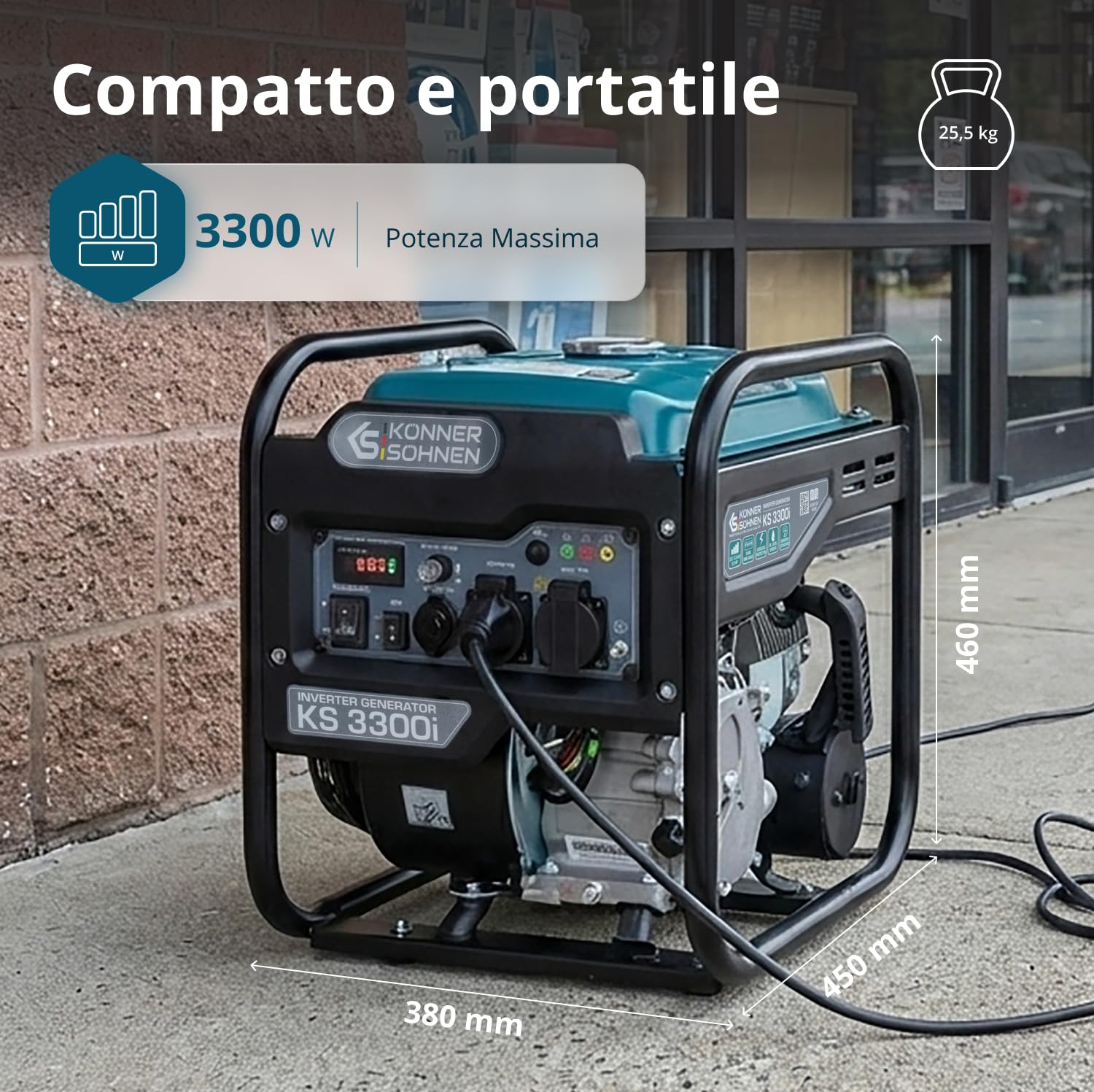 Könner & Söhnen KS 3300i. Generatore di inverter a benzina 3300 W, generatore di corrente con 2 Schuko da 230 V, generatore di emergenza con indicator