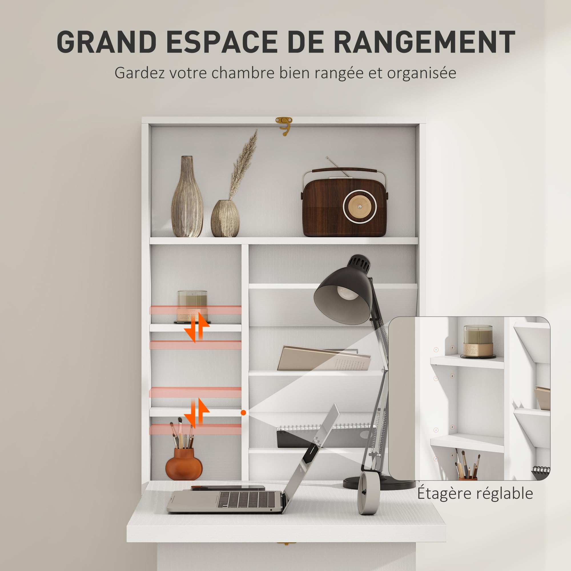 HOMCOM Bureau Pliable Mural avec étagères de Rangement, Bureau Rabattable, Table Murale Pliante, Gain de Place idéal pour Salon, Salle à Manger, Petit Espace, Blanc