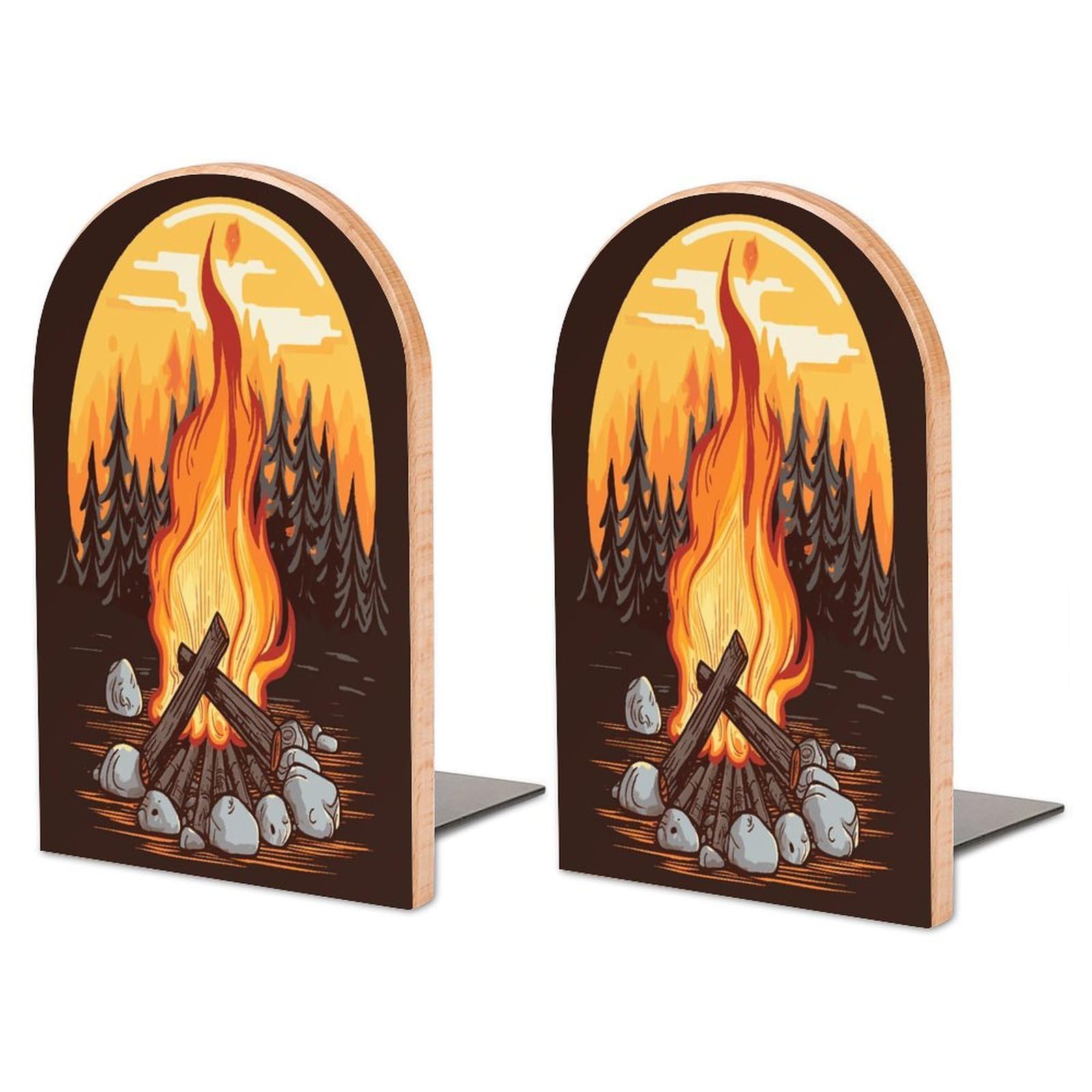 Heavy Duty Bonfire Book End Wooden Bookends with Metal Base Non-Skid Book Stopper for Shelves Books Organizer for Home Office Supplies 6.7 X 4.7 X 3.9”