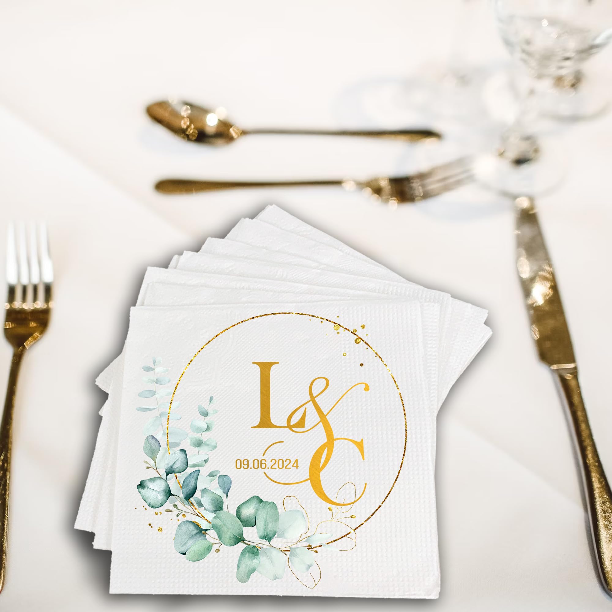 Personalized Wedding Cocktail Napkins For Reception Eucalyptus, Custom Monogram Cocktail Beverage Luncheon Dinner Wedding Napkins, Customized Wedding Napkins With Name, Wedding Cocktail Napkins