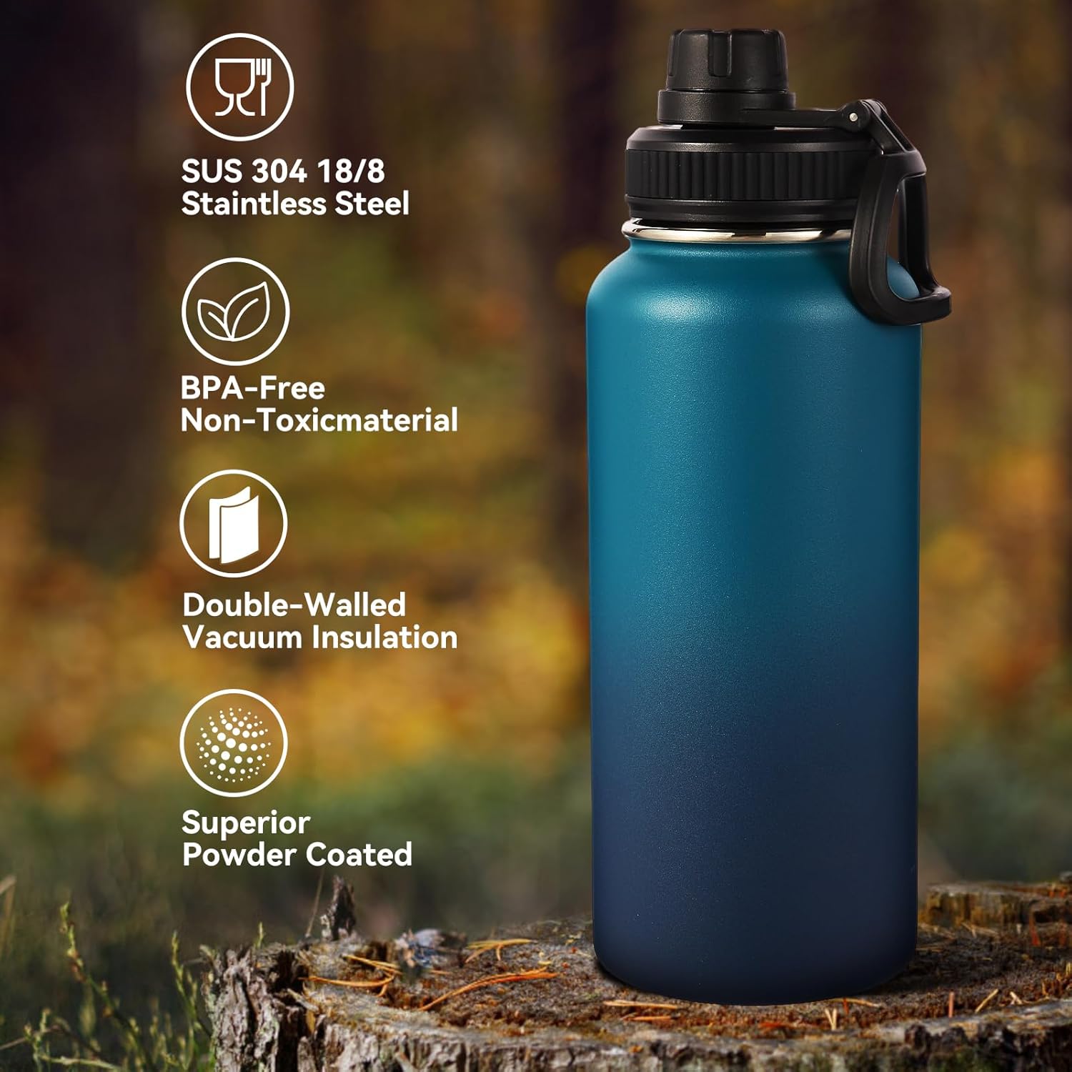 Neihepal 32 oz Insulated Water Bottle with 2 Lids (Straw & Spout Lid), 18/8 Stainless Steel Double Wall Water Bottles for Gym, Travel, Camping, Sports (Dark Night,1 Pack) - Image 3