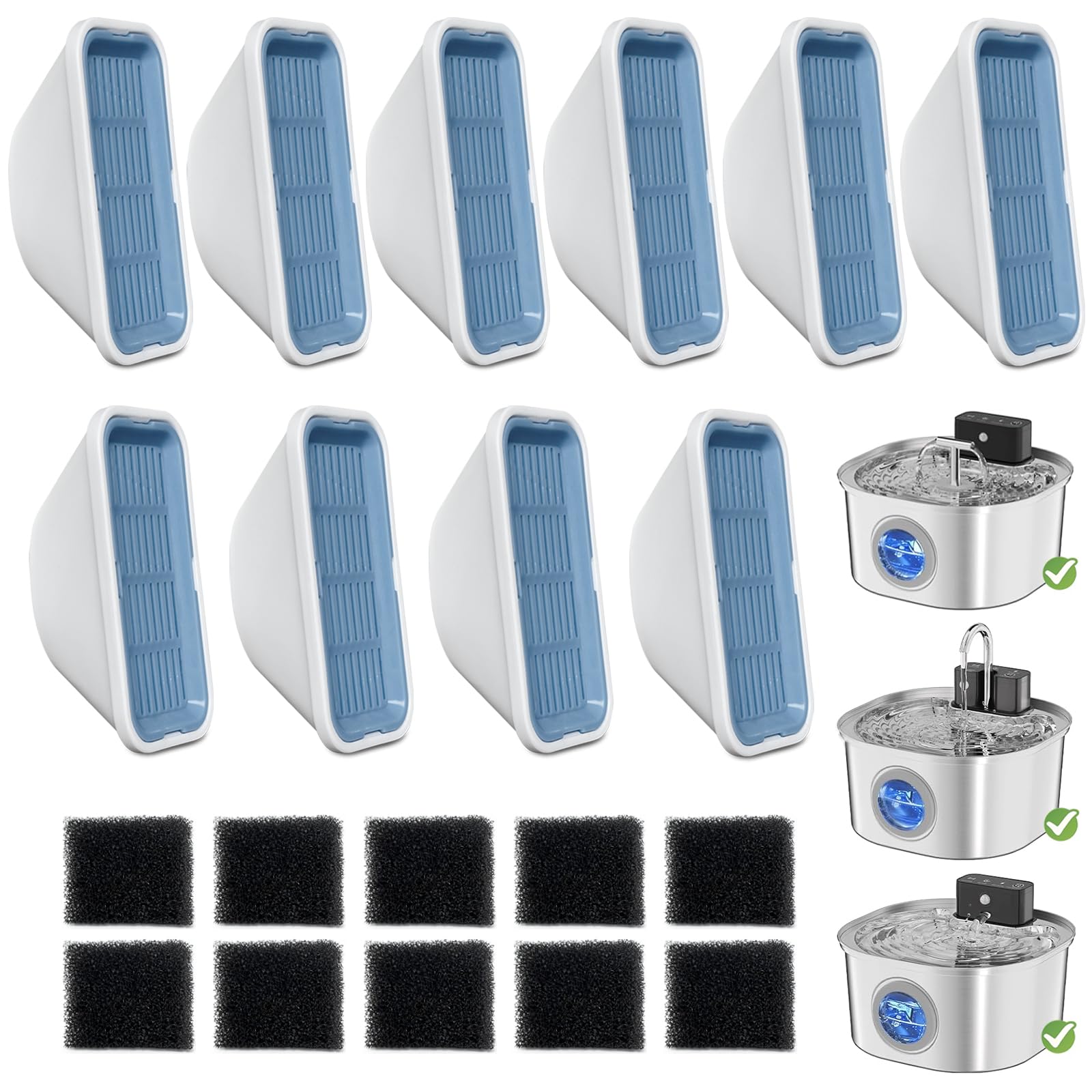 20 Pack Replacement Cat Water Fountain Filters for 108oz/3.2L Stainless Steel Pet Water Fountain 309A/309B/309C, 10 Filters and 10 Pre-Filter Sponges