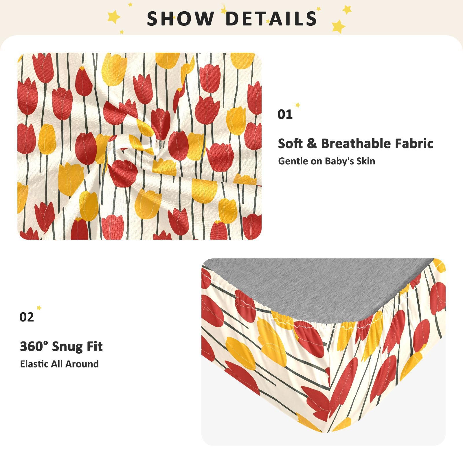 Drap-housse pour berceau de bébé motif tulipes rouges et jaunes pour garçons et filles, 71,1 x 132,1 cm