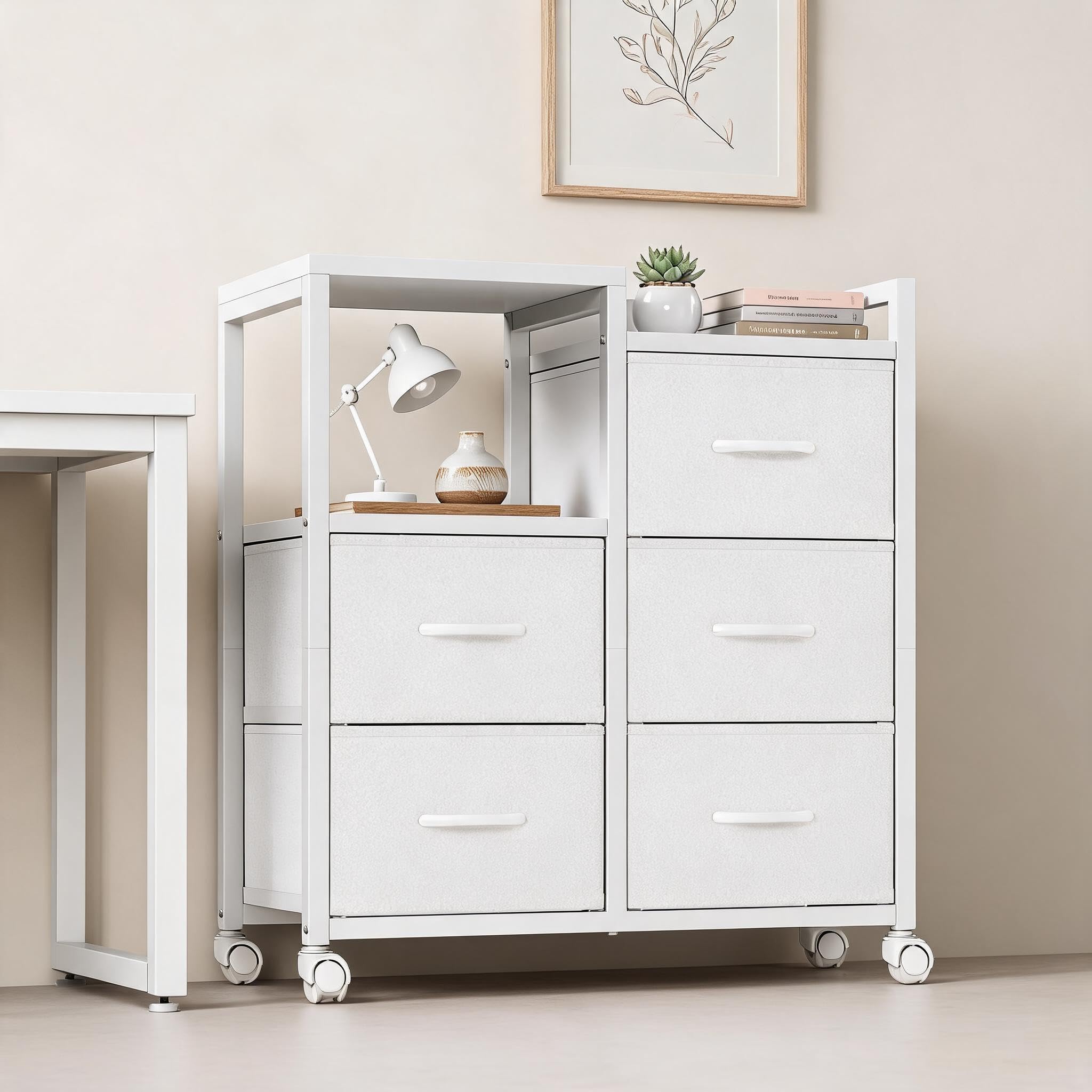 Aktenschrank 5 Schubladen, passend für A4, 63×29×72 cm | Rollbarer Büroschrank mit 5 Stoff-Schubladen und offenem Ablagefach, Druckerständer aus Metallrahmen und MDF-Platte