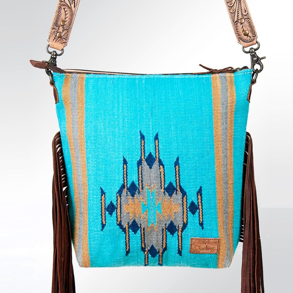 American Darling Signature Cross Body Bag Hand Tooled Floral Hand Woven Saddle Blanket Leather Crossbody with Fringes