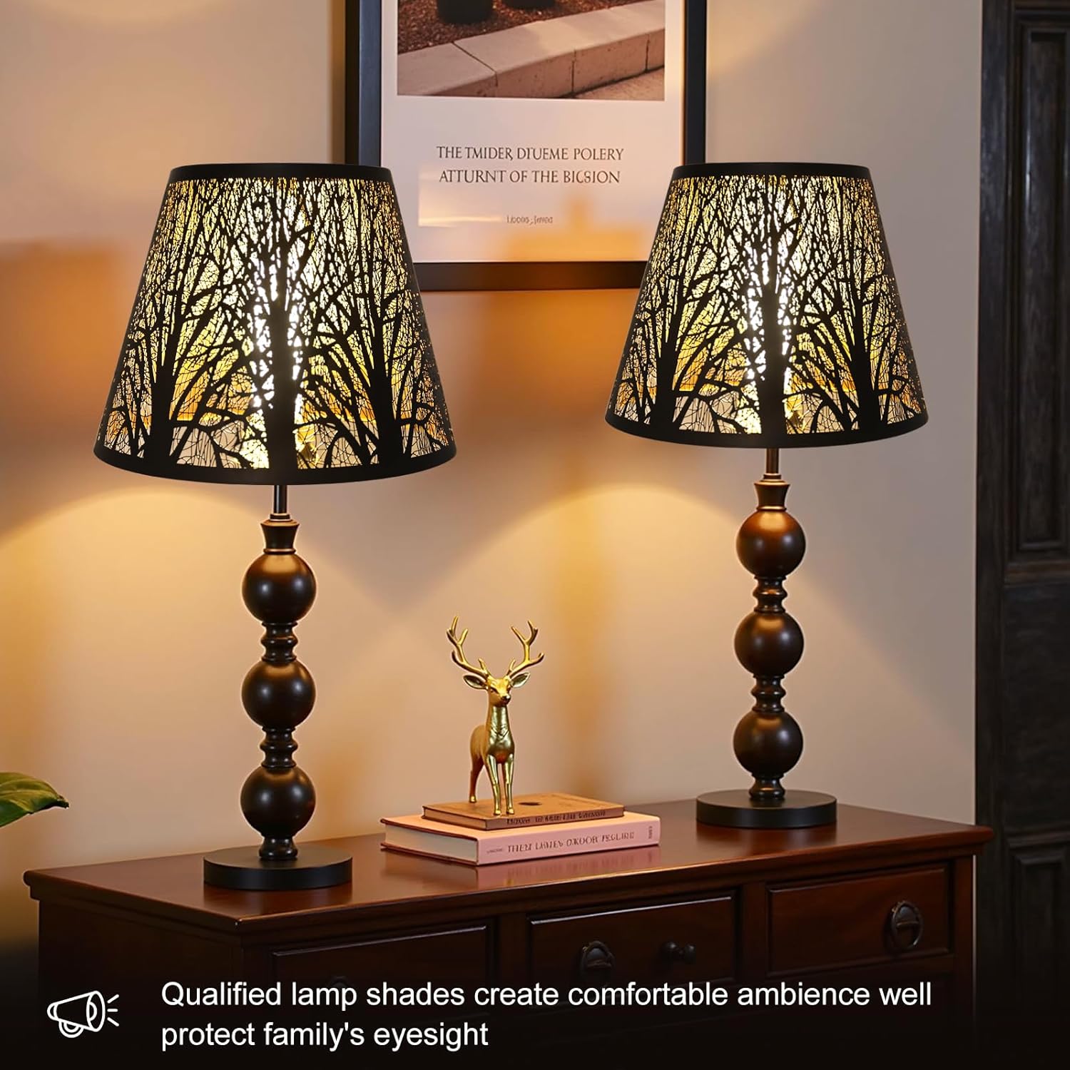 Metal LampShade 7.9x9.8x7.9 inch Set of 2, Replacement Barrel Lamp Shade for Table Lamp, with pattern Forest Trees