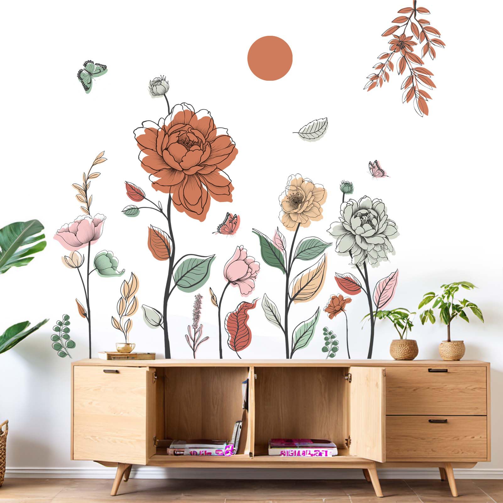 Boho Flower Wall Stickers for Bedroom: Peel and Stick Wildflower Floral Butterflies Wall Stickers - Image 3