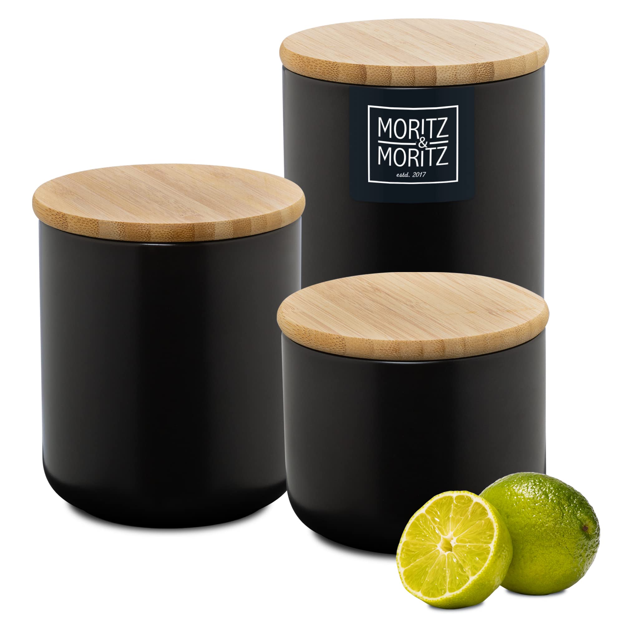 Moritz & Moritz barattoli cucina nero 400-900 ml - Scrivibile - 3x Barattolo ceramica con coperchio in bambù - Barattolo con coperchio per farina, caffè, muesli o utensili da bagno