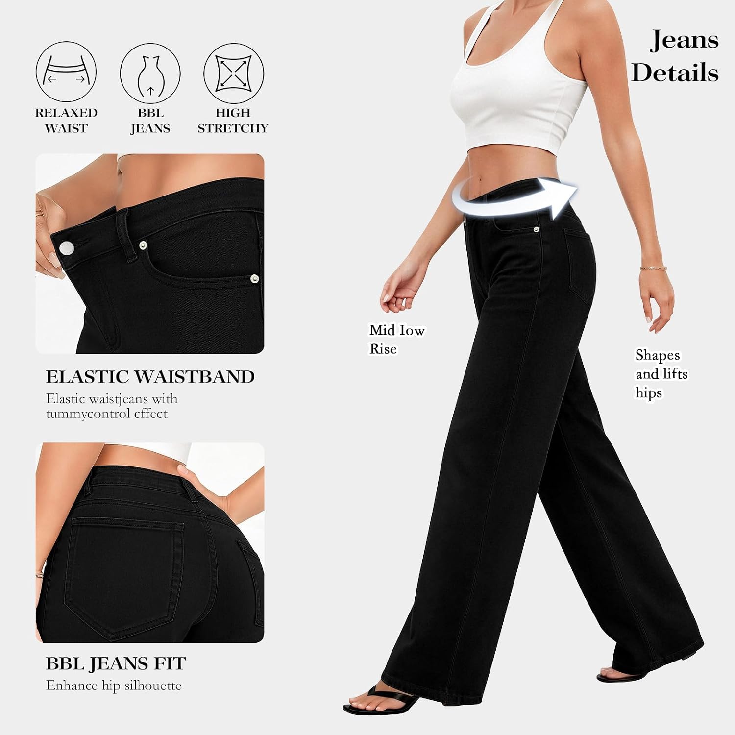 Women's Wide Leg Jeans Mid Low Rise Baggy Straight Denim Pants image 4
