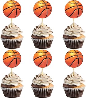 24 PCS Basketball Cupcake Toppers Double Sided Printing Ball Sports Cupcake Picks for Basketball Theme Baby Shower Kids Birthday Party Cake Decorations Supplies