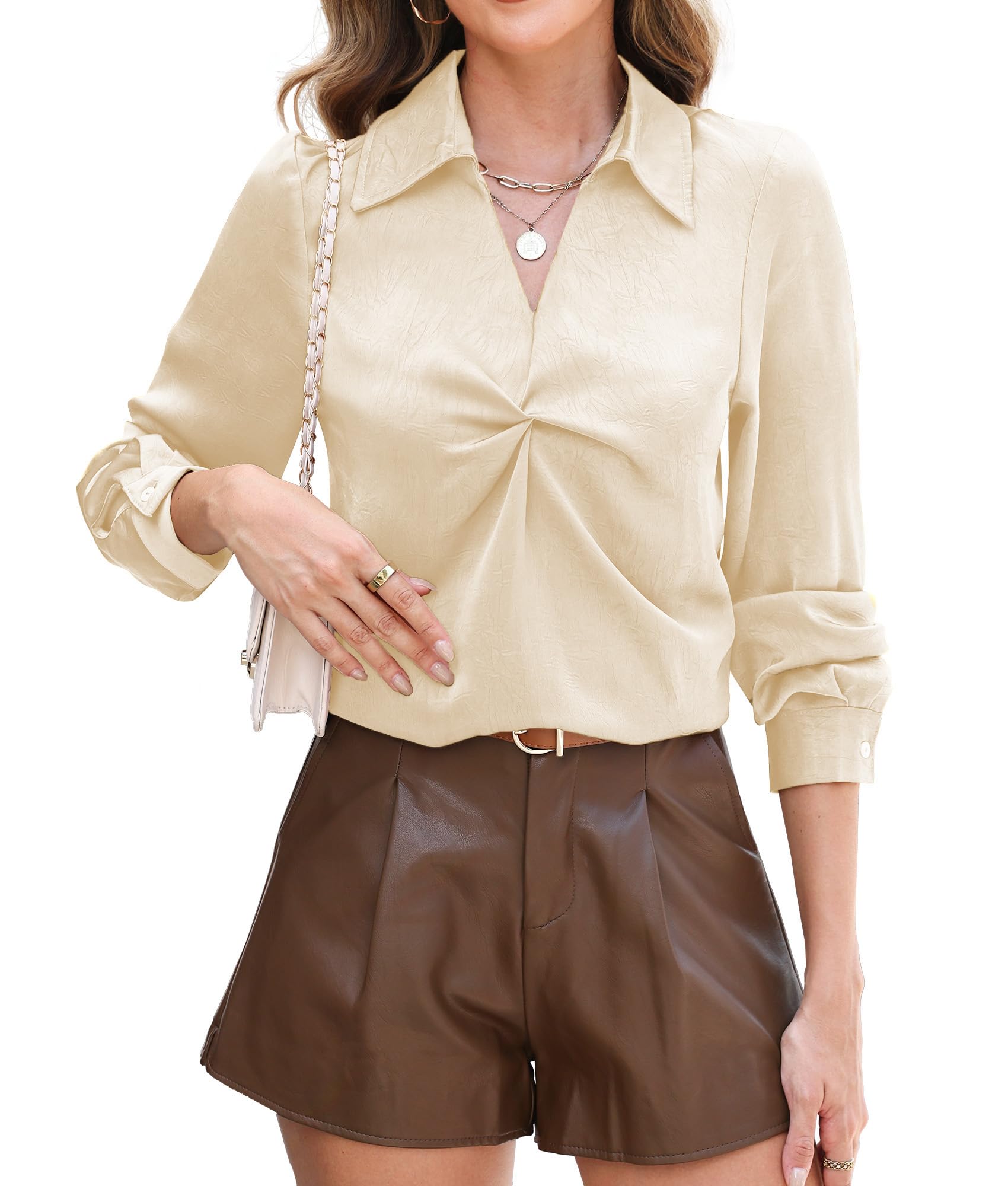 �️RUMIA Longsleeve Satin Silk Fall Blouses Shirt for Women Business Work Top Champagne — fashion deal