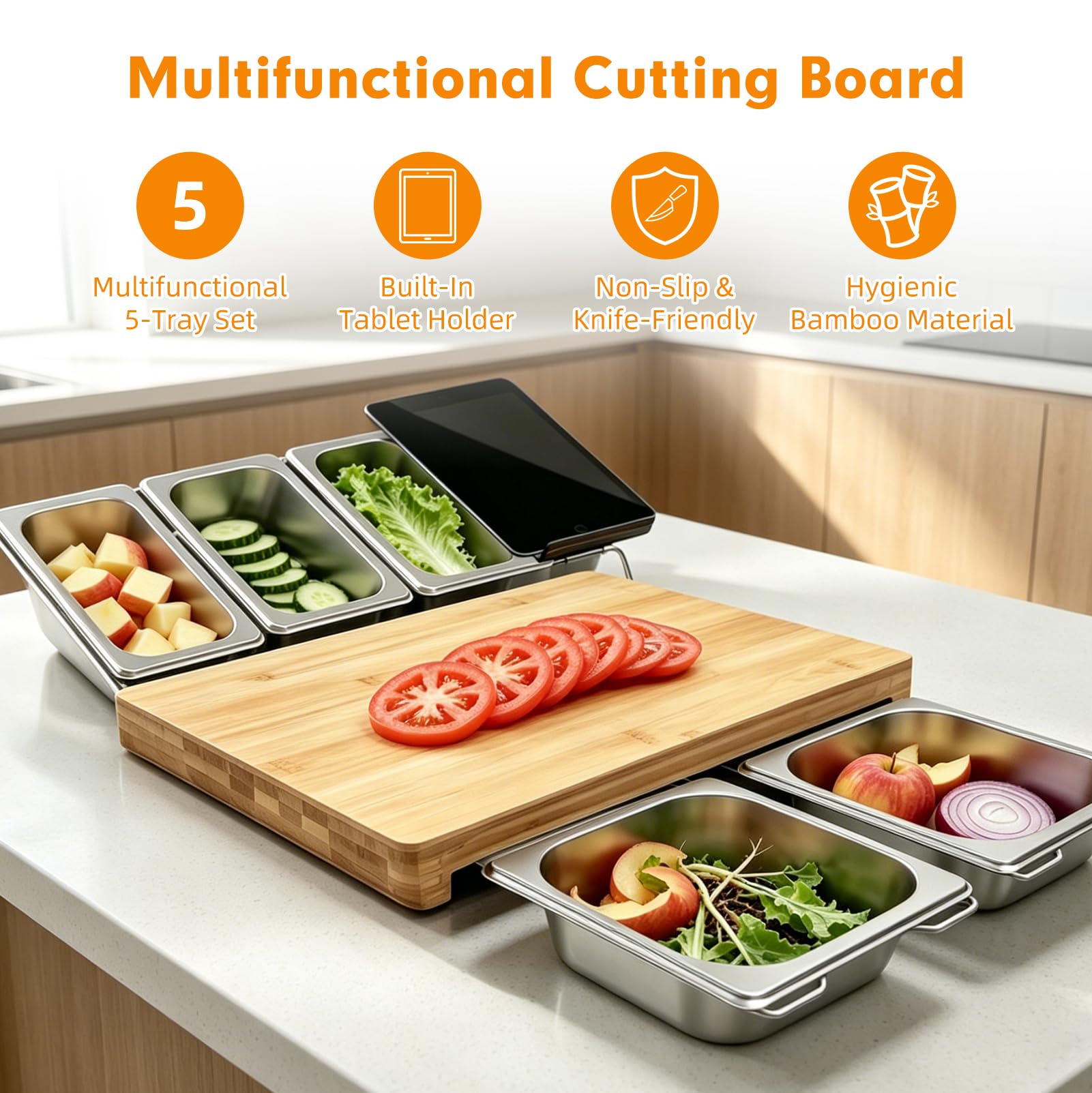 Tabla De Cortar De Madera Con Bandeja Colectora,Tabla Cortar Multifunción | De Bambú Con 5 Bandejas De Acero Inoxidable Y Soporte Para Tableta, 43 x 28 cm, Antideslizante Y Respetuosa Con Los