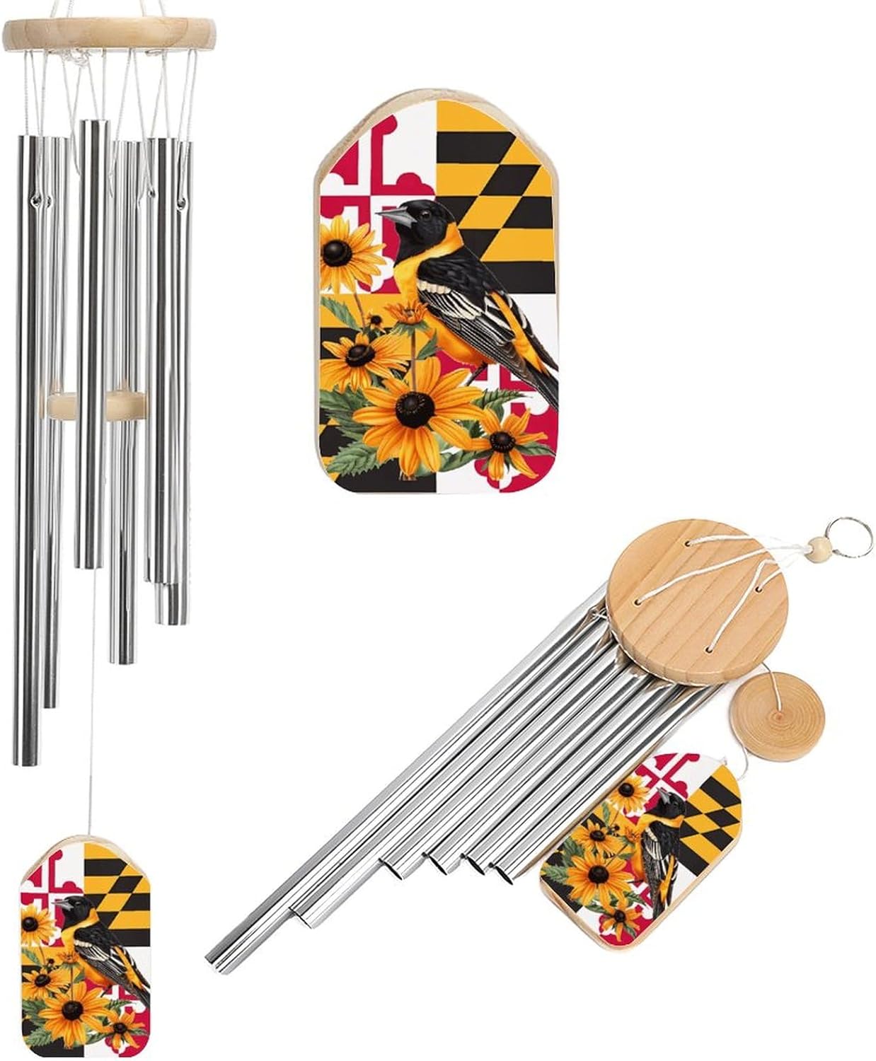 Maryland State Flag Baltimore Oriole Bird Susan Flower Wooden Wind Chimes Deep Tone Memorial Windchime for Outside Garden Home Decoration