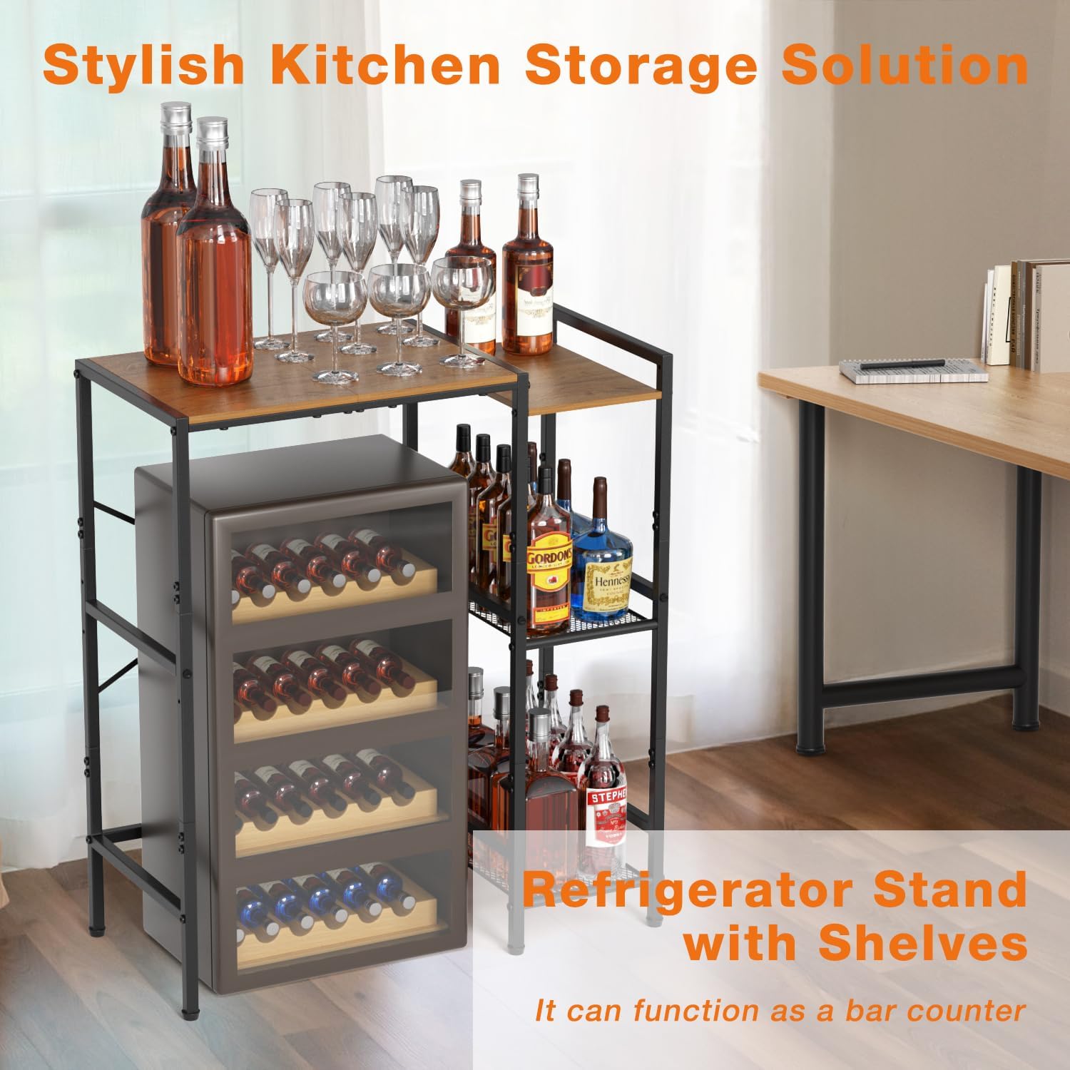 Mini Fridge Stand with Storage Shelves, Upgraded 3-Tier Mini Fridge Cabinet Stand Baker Rack for Microwave Coffee Maker Heavy Duty Metal Wood Desk For Dorm,Kitchen, Apartment, 33.4Wx15.7Dx37.2H, Brown