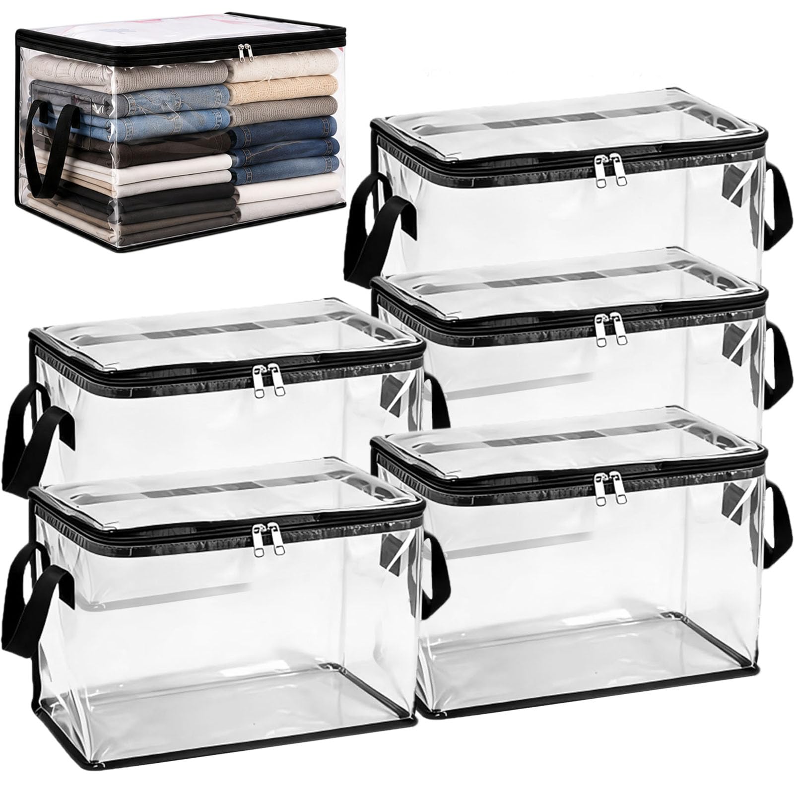 Large Heavy-Duty Thick Plastic Clear Storage Bag for Clothes, Moving & Storage, Massive Capacity Stackable Foldable Clear Moving Totes with Reinforced Handles & Zipper (5pcs)