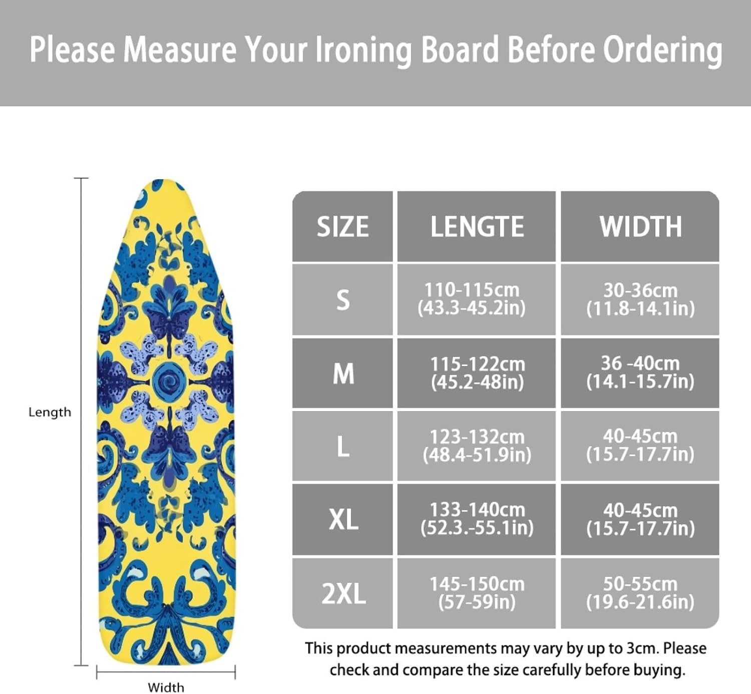 Large Ironing Board Cover and Pad 59x19 Flower Yellow Blue Iron Table Cover with Padding,Extra Wide,Resist Scorching and Staining,Heatproof,Adjustable Fastener Durable Stain