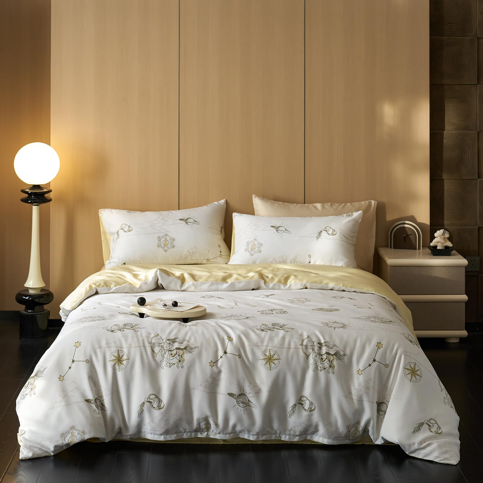 DREAMINGO 100% Lyocell Duvet Cover Twin XL Roman Mythological Constellations Theme Smooth Breathable Bedding Set Reversible Cooling Summer Comforter Cover 3 Piece Set White Yellow Cute Room Decor — image 1