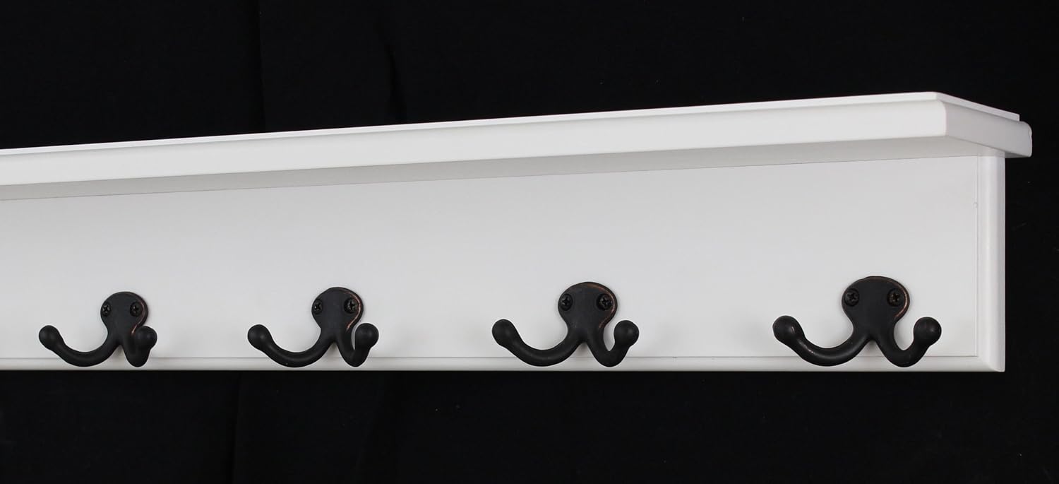 White Shelf Coat Rack with Aged Bronze Double Style Hooks (21" with 4 Hooks)