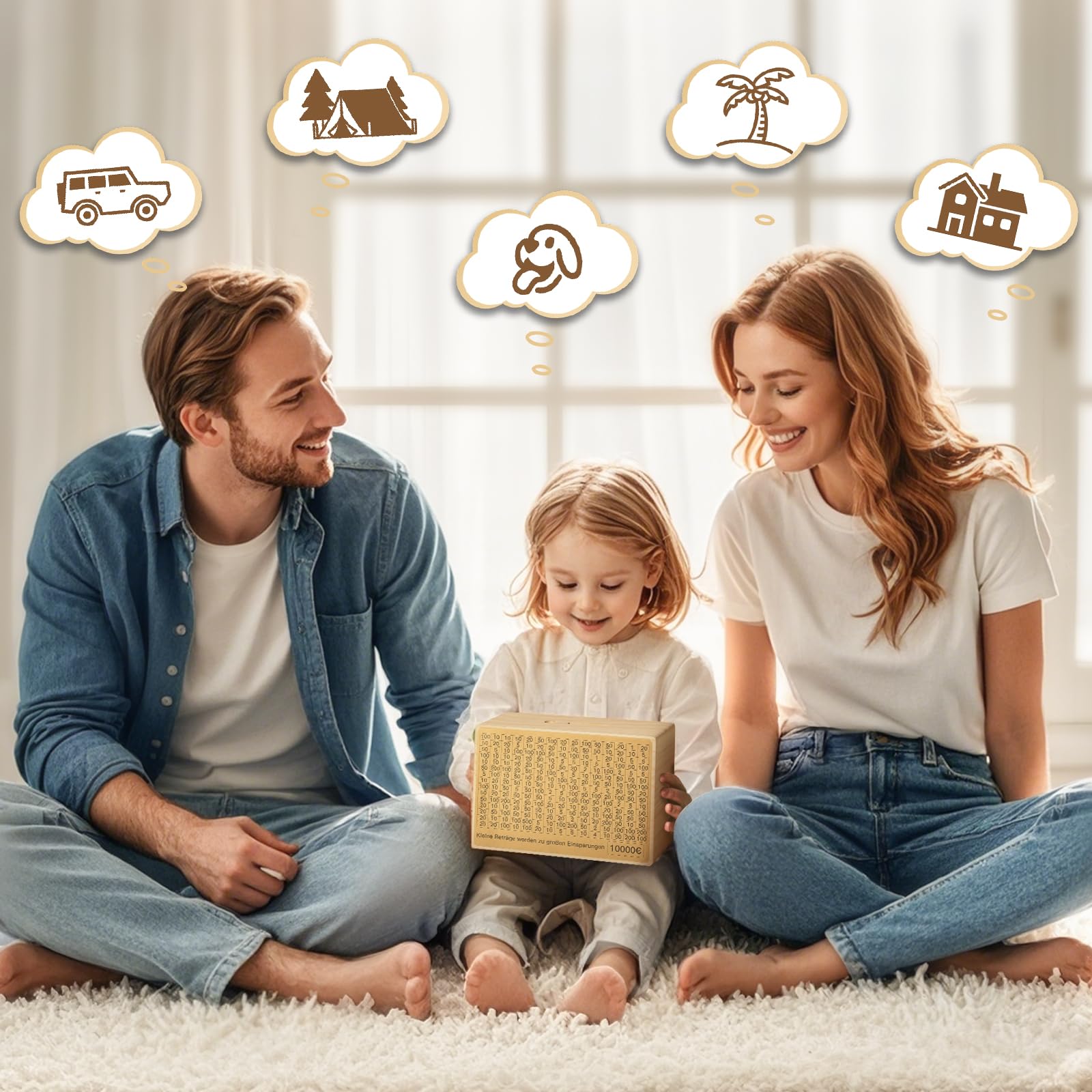 Bemaystar Spardose Holz, Großformatige Spardose Erwachsene für Kinder - Sparbox mit Zähler & Sparzielen für Münzen & Scheine - Ohne Montage Nötig (4 Sparziele von €1000 bis €10000)