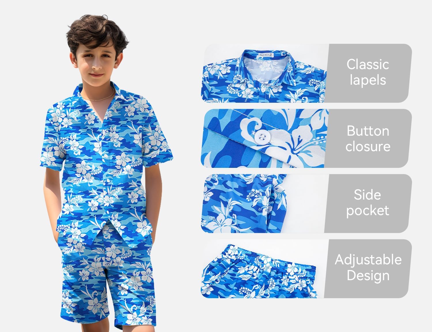 Yoimira Boys Hawaiian Shirt and Short Set Beach Shirts for Kids Printed Casual Outfit 2 Piece with Pocket 7-14 Years - Image 5