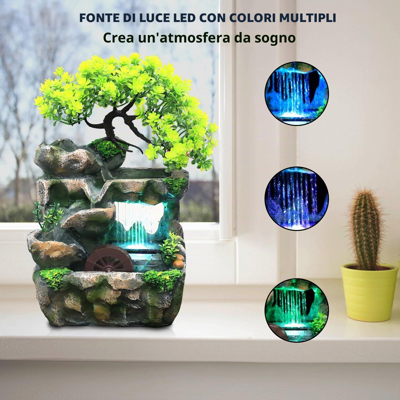 Fontana verde Pianta Fontana da Tavolo Cascata con Illuminazione a LED che Cambia colore, Fontana da Tavolo con Ruota Feng Shui, Fontana per Posizionamento Soggiorno, Ufficio Pulisce l'aria 18 x 30cm
