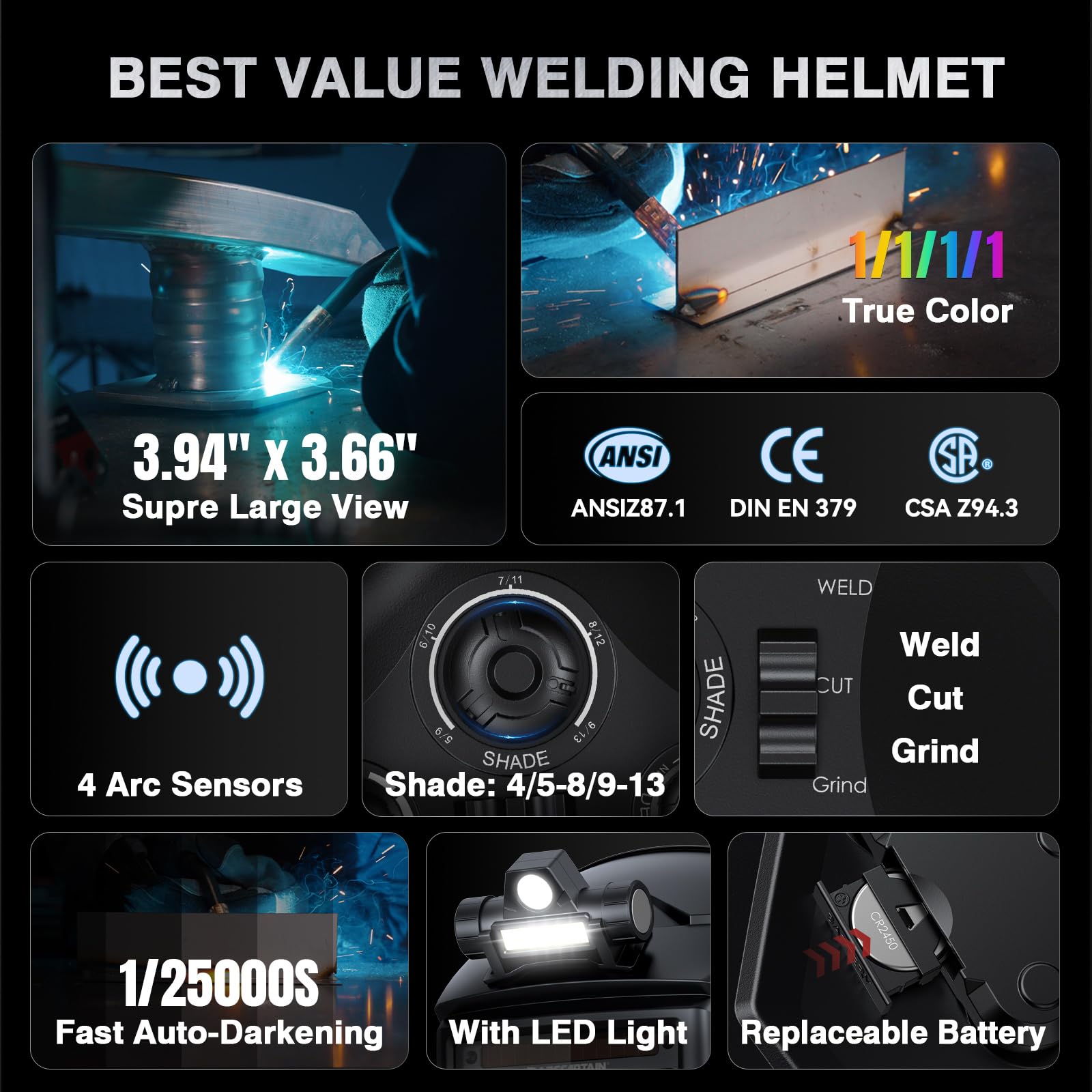 ARCCAPTAIN Auto Darkening Welding Helmet with Light, 3.94"X3.66" Large View — Amazon image 2